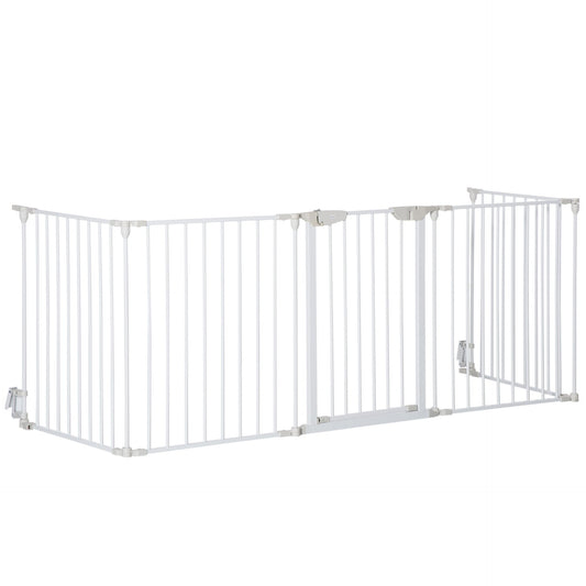 PawHut Pet Safety Gate 5 - Panel Playpen Fireplace Christmas Tree Metal Fence Stair Barrier Room Divider with Walk Through Door Automatically Close Lock White - Baig Merchant