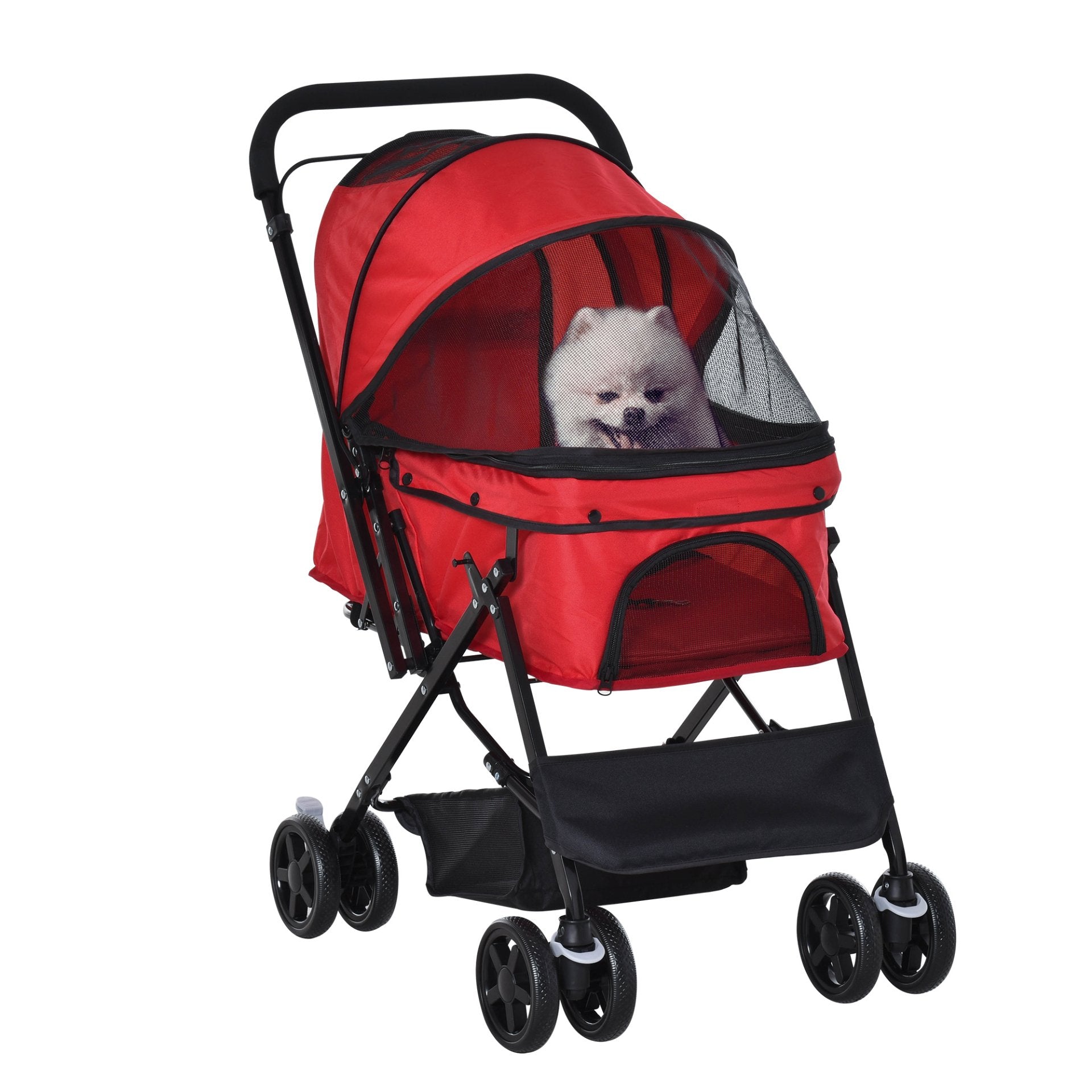 PawHut Pet Stroller Dog Cat Travel Pushchair Foldable Jogger with Reversible Handle EVA Wheel Brake Basket Adjustable Canopy Safety Leash for Small Dogs, Red - Baig Merchant