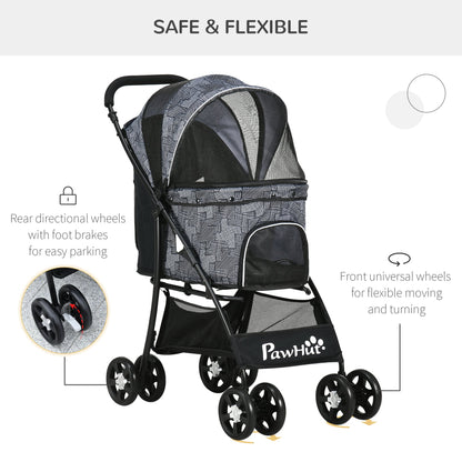 PawHut Pet Stroller Dog Pram Pushchair Cat Travel Carriage W/ Universal Wheels, Brake, Canopy, Storage Bag - Grey - Baig Merchant