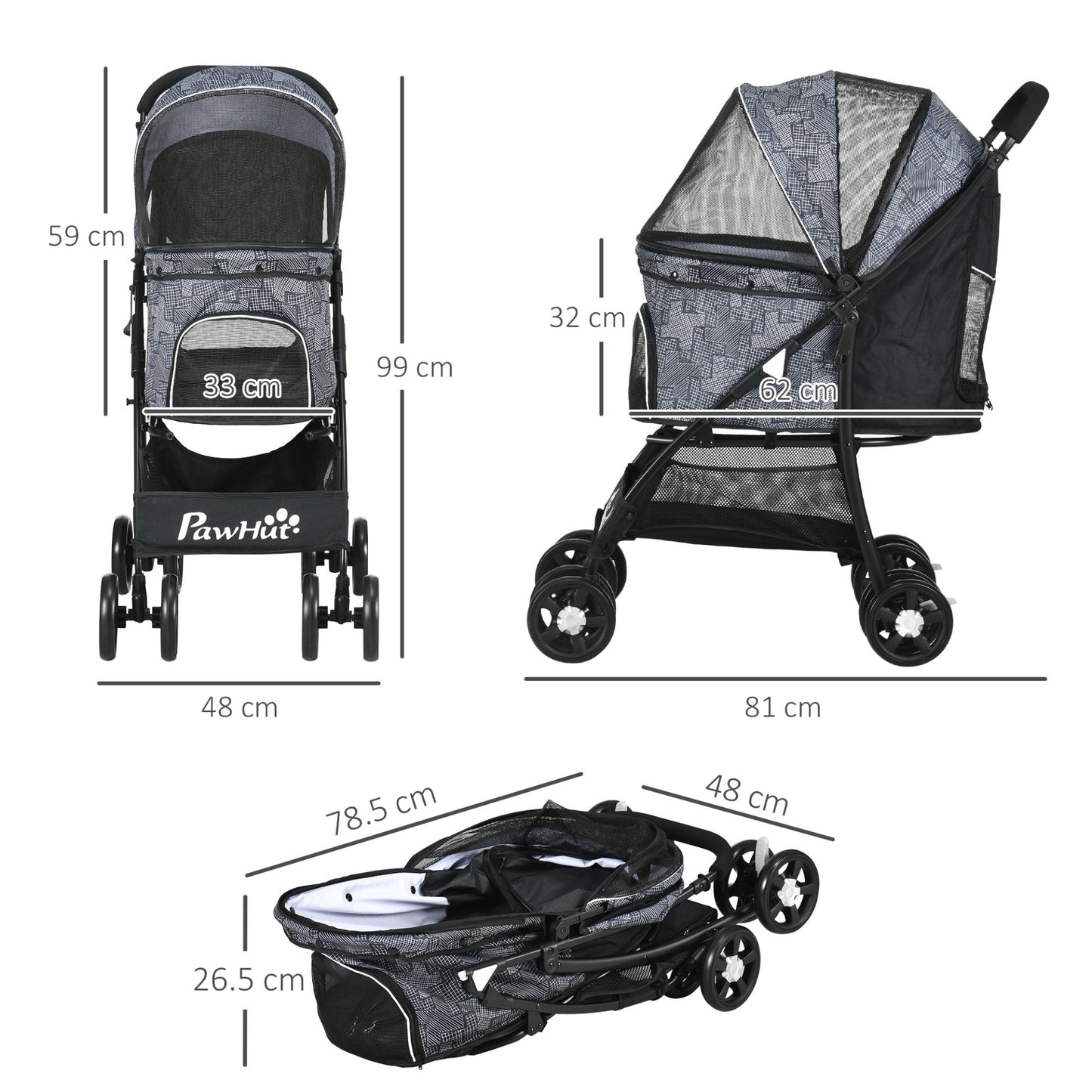 PawHut Pet Stroller Dog Pram Pushchair Cat Travel Carriage W/ Universal Wheels, Brake, Canopy, Storage Bag - Grey - Baig Merchant