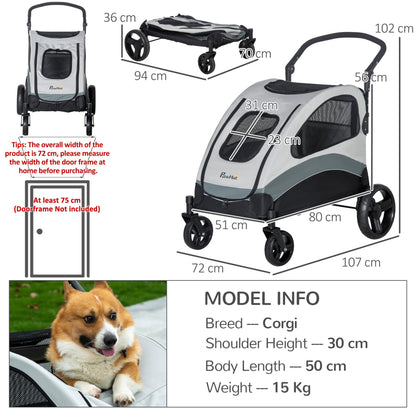 PawHut Pet Stroller for Medium Dogs Cat Pushchair Buggy Pram with 4 Wheels Safety Leash Zipper Doors Mesh Windows Storage Bag - Grey - Baig Merchant