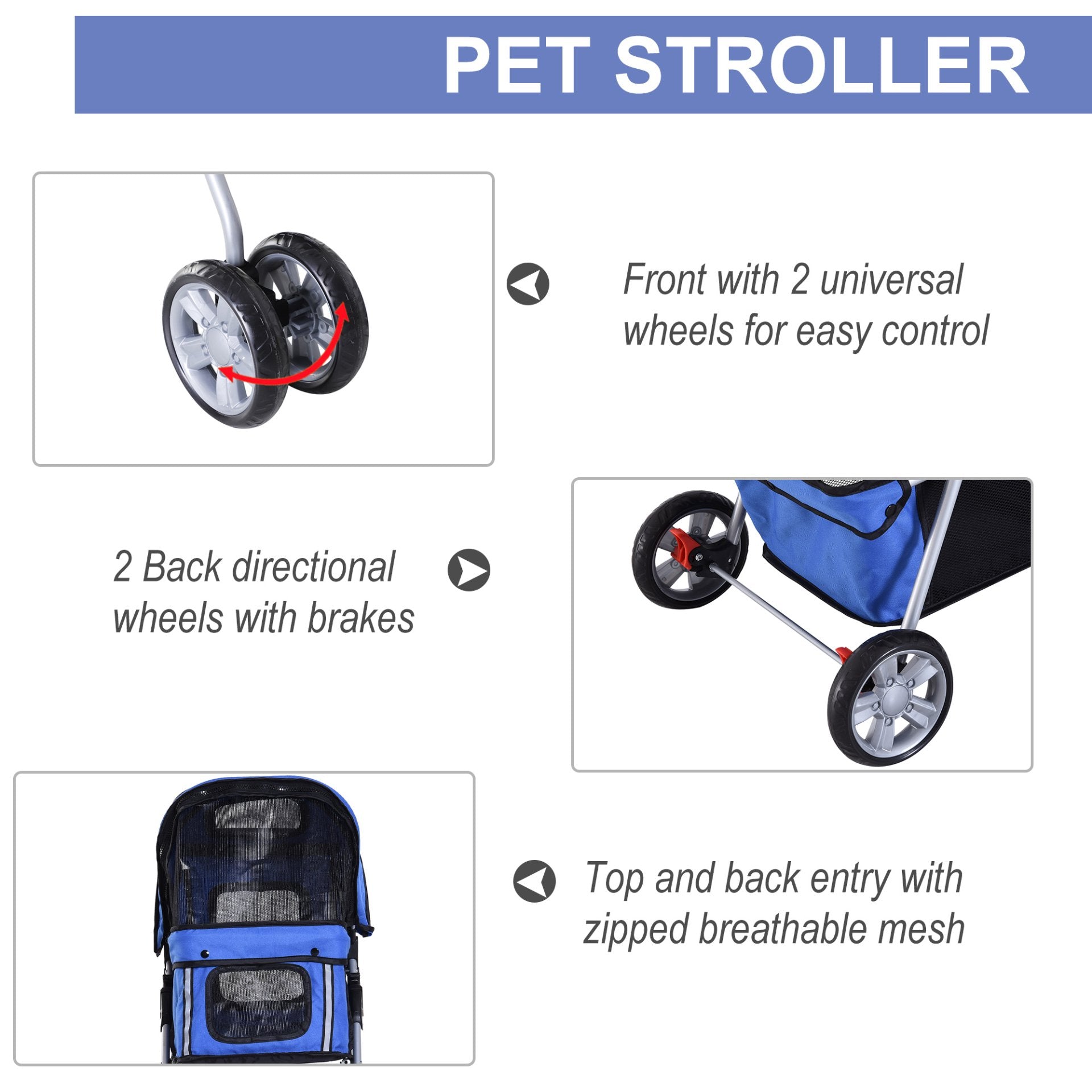 PawHut Pet Stroller for Small Miniature Dogs Cats Foldable Travel Carriage with Wheels Zipper Entry Cup Holder Storage Basket Blue - Baig Merchant