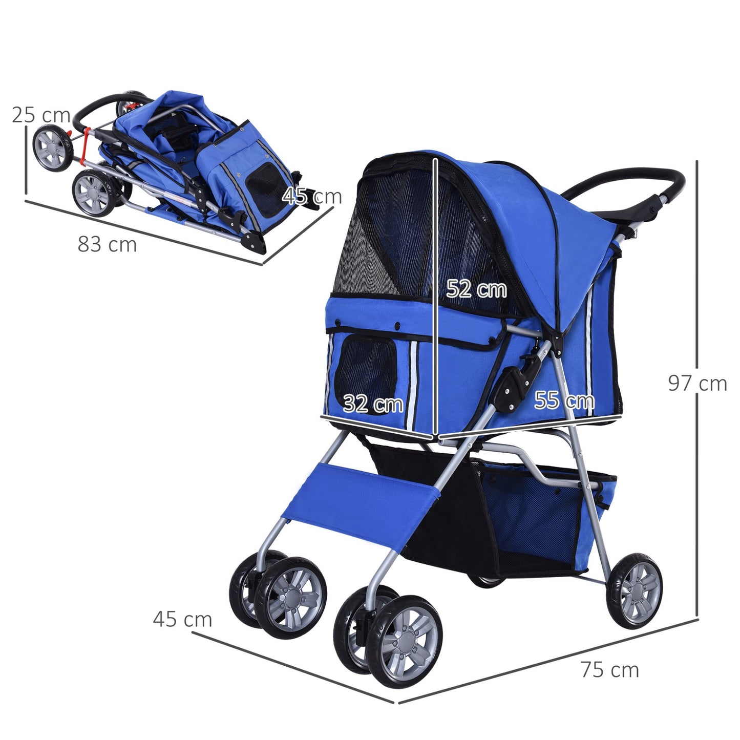 PawHut Pet Stroller for Small Miniature Dogs Cats Foldable Travel Carriage with Wheels Zipper Entry Cup Holder Storage Basket Blue - Baig Merchant