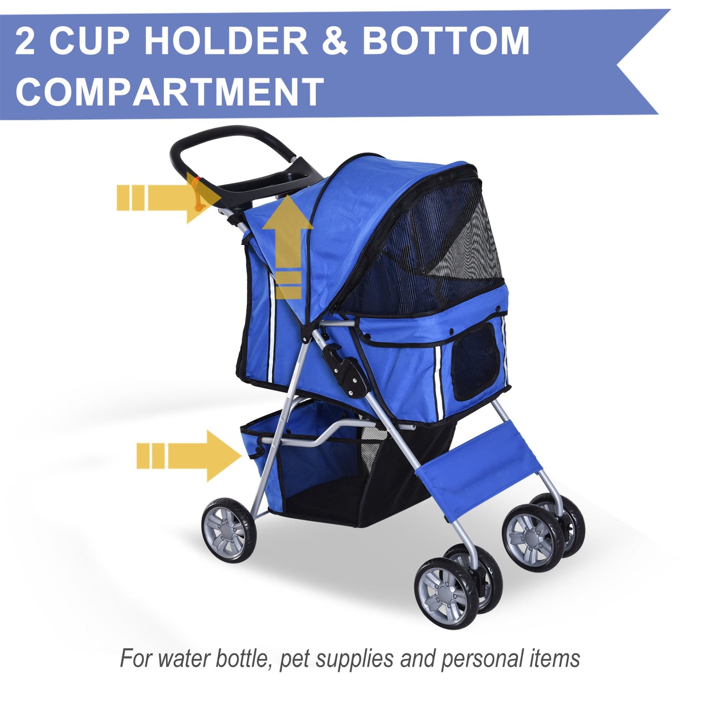 PawHut Pet Stroller for Small Miniature Dogs Cats Foldable Travel Carriage with Wheels Zipper Entry Cup Holder Storage Basket Blue - Baig Merchant