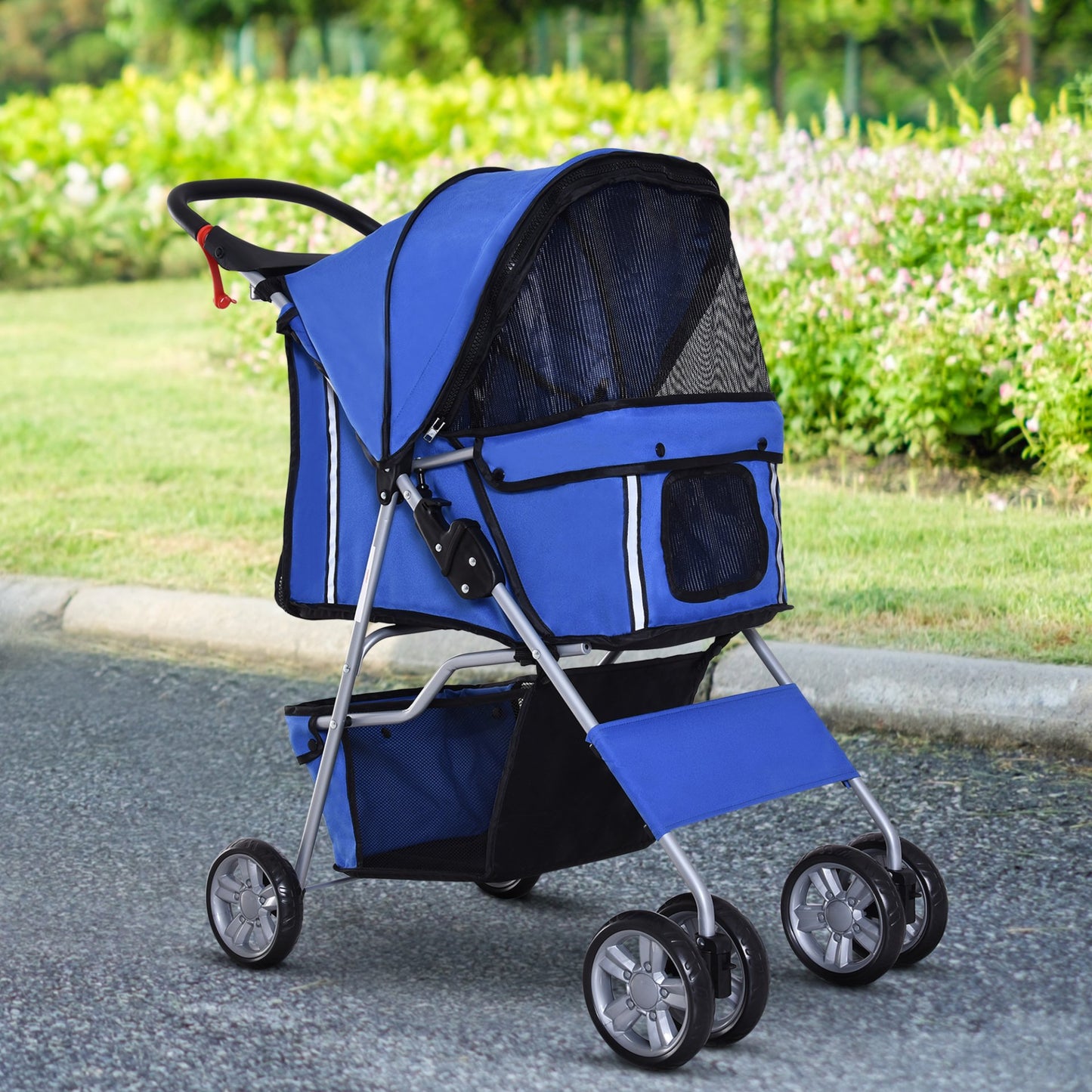 PawHut Pet Stroller for Small Miniature Dogs Cats Foldable Travel Carriage with Wheels Zipper Entry Cup Holder Storage Basket Blue - Baig Merchant