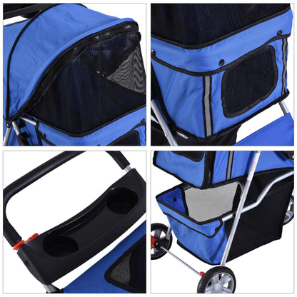 PawHut Pet Stroller for Small Miniature Dogs Cats Foldable Travel Carriage with Wheels Zipper Entry Cup Holder Storage Basket Blue - Baig Merchant