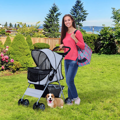 PawHut Pet Stroller for Small Miniature Dogs Cats Foldable Travel Carriage with Wheels Zipper Entry Cup Holder Storage Basket Grey - Baig Merchant