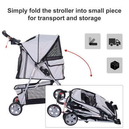 PawHut Pet Stroller for Small Miniature Dogs Cats Foldable Travel Carriage with Wheels Zipper Entry Cup Holder Storage Basket Grey - Baig Merchant