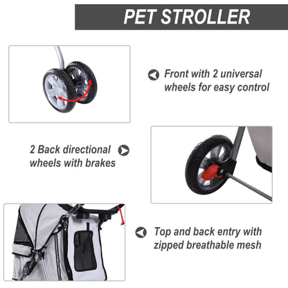 PawHut Pet Stroller for Small Miniature Dogs Cats Foldable Travel Carriage with Wheels Zipper Entry Cup Holder Storage Basket Grey - Baig Merchant