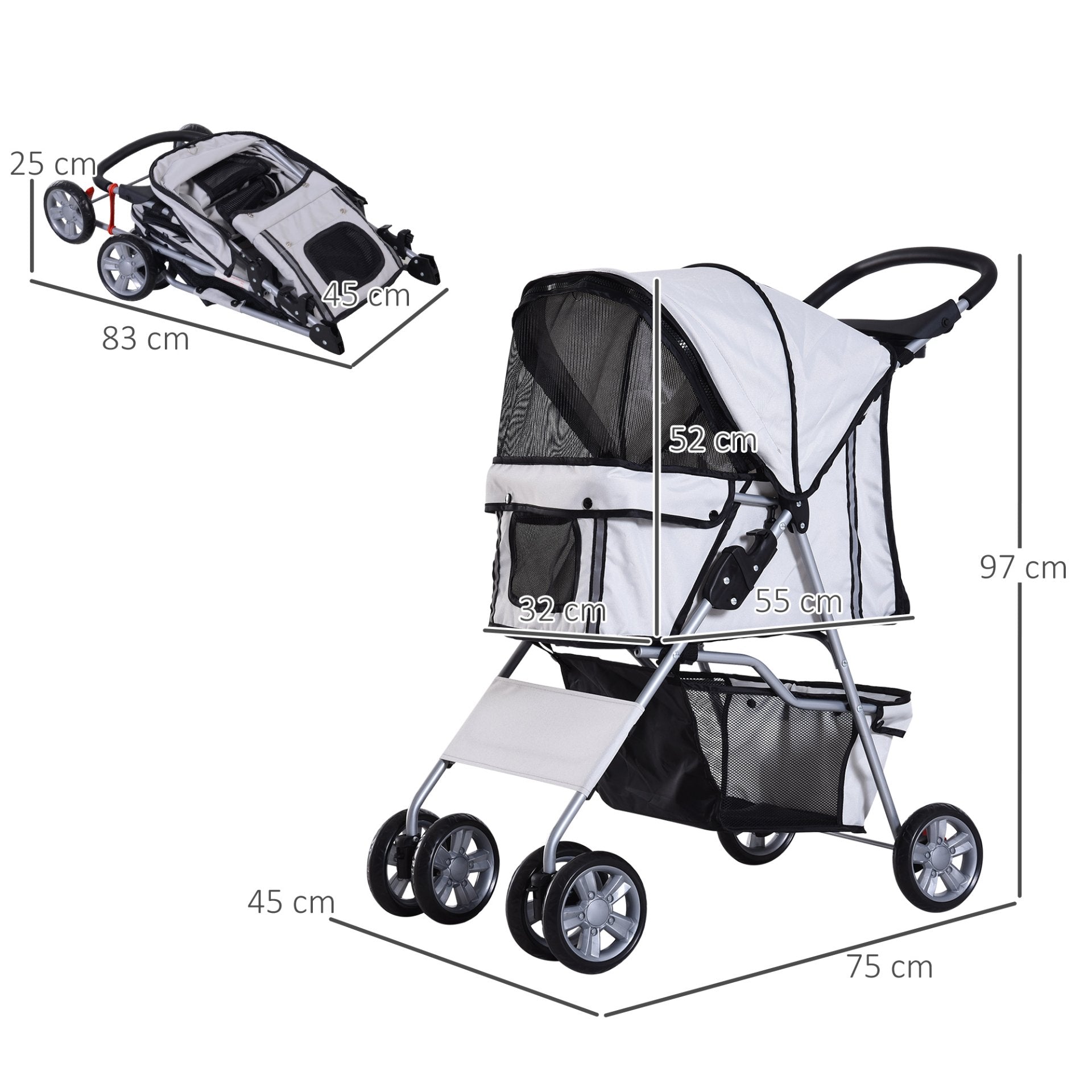 PawHut Pet Stroller for Small Miniature Dogs Cats Foldable Travel Carriage with Wheels Zipper Entry Cup Holder Storage Basket Grey - Baig Merchant