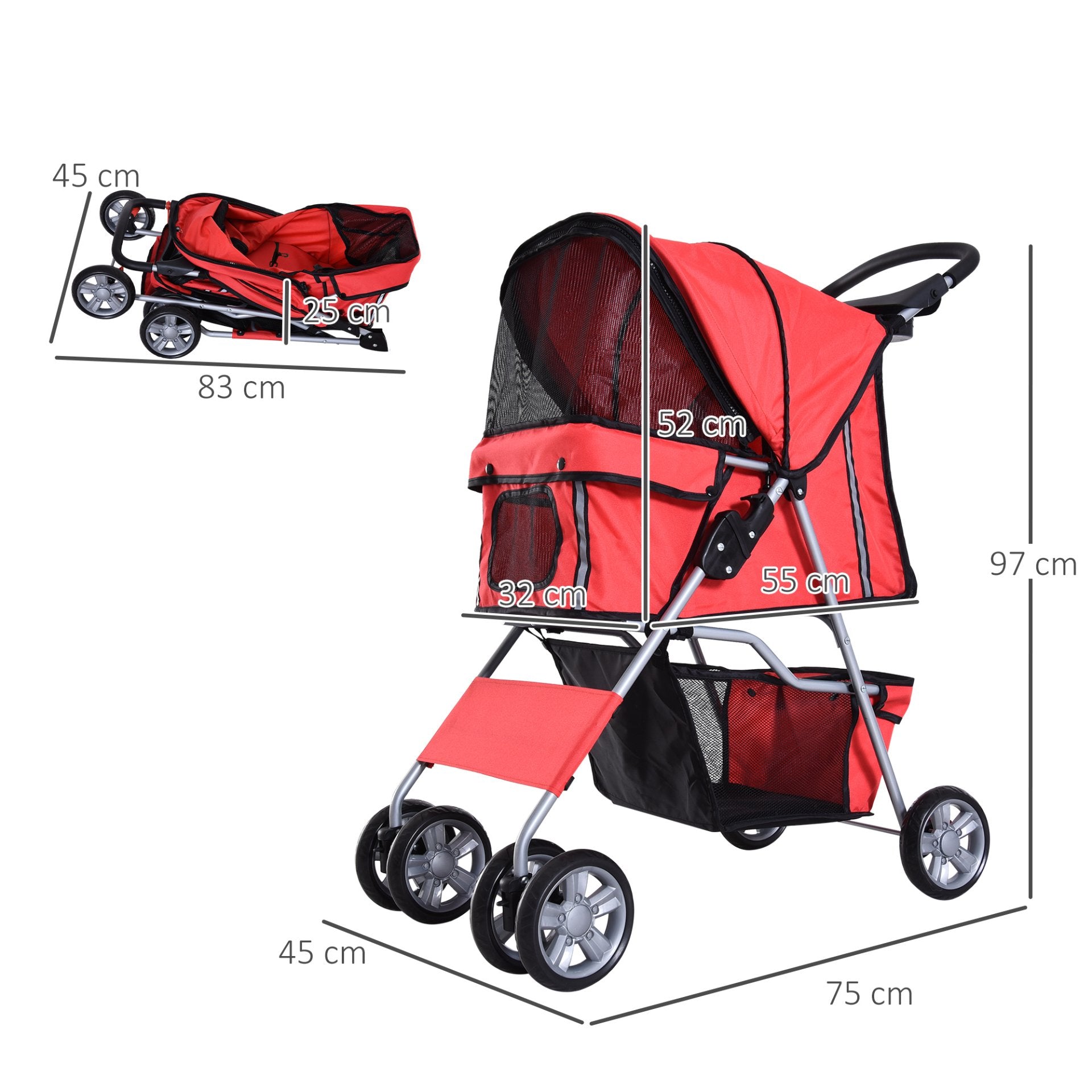 PawHut Pet Stroller for Small Miniature Dogs Cats Foldable Travel Carriage with Wheels Zipper Entry Cup Holder Storage Basket Red - Baig Merchant