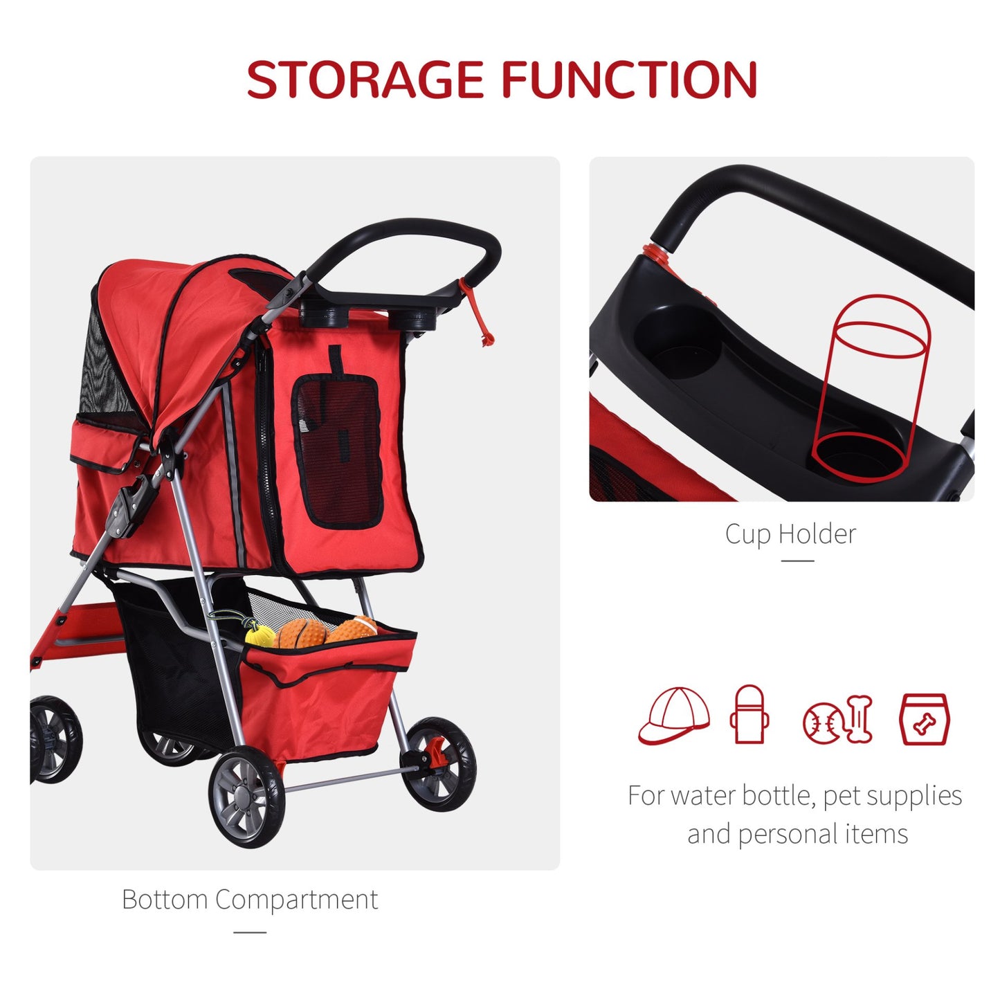 PawHut Pet Stroller for Small Miniature Dogs Cats Foldable Travel Carriage with Wheels Zipper Entry Cup Holder Storage Basket Red - Baig Merchant