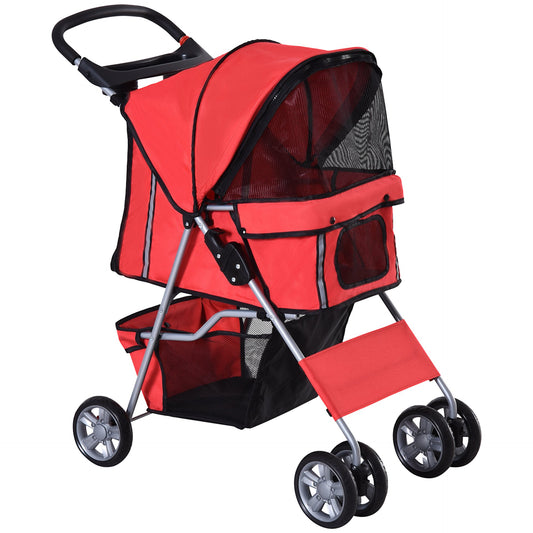 PawHut Pet Stroller for Small Miniature Dogs Cats Foldable Travel Carriage with Wheels Zipper Entry Cup Holder Storage Basket Red - Baig Merchant