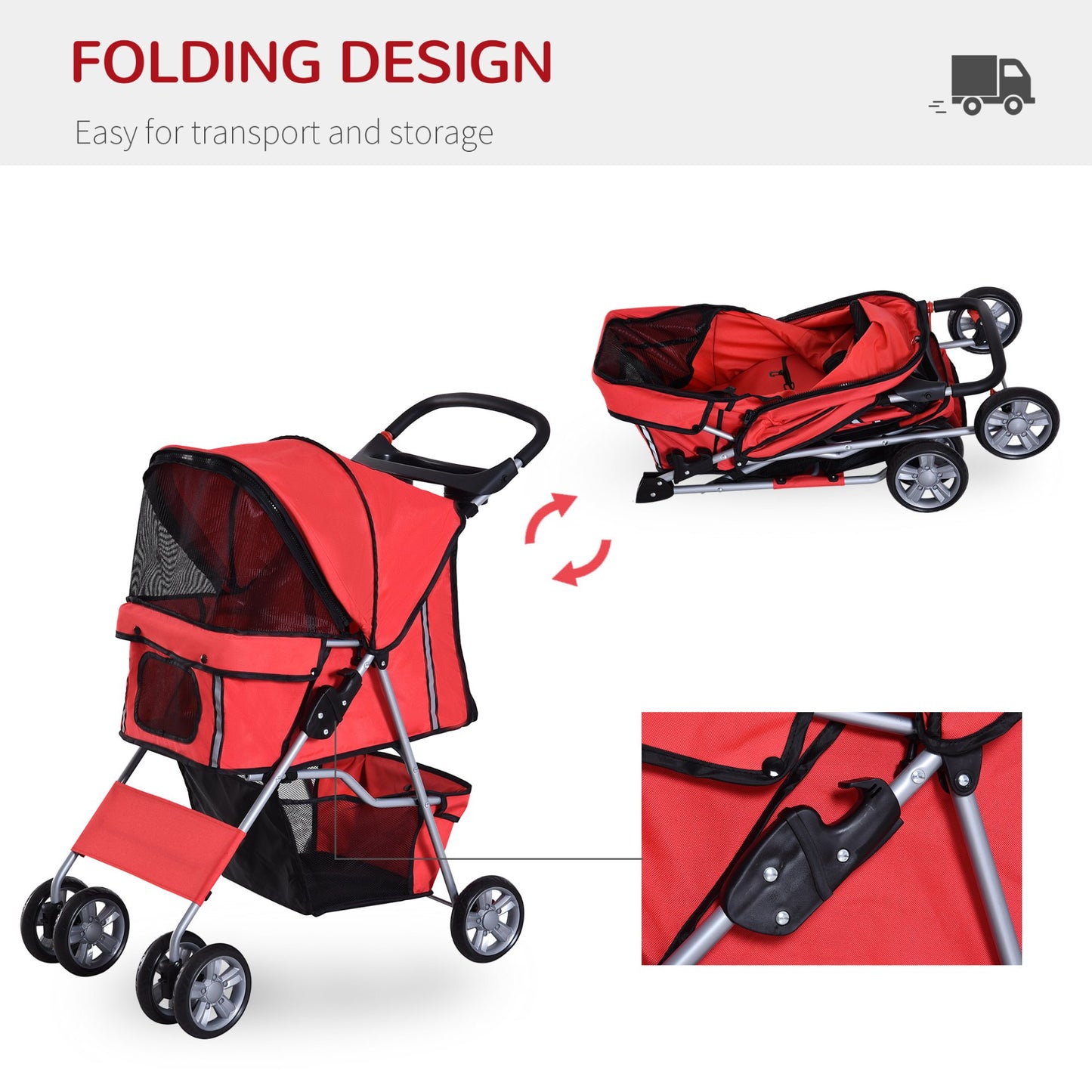 PawHut Pet Stroller for Small Miniature Dogs Cats Foldable Travel Carriage with Wheels Zipper Entry Cup Holder Storage Basket Red - Baig Merchant