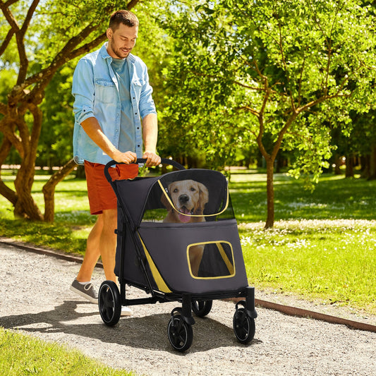 PawHut Pet Stroller w/ Universal Front Wheels, Shock Absorber, One Click Foldable Dog Cat Carriage w/ Brakes, Storage Bags, Mesh Window, Safety Leash, for Large and Medium Dogs - Grey - Baig Merchant