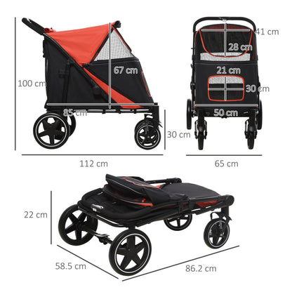 PawHut Pet Stroller w/ Universal Front Wheels, Shock Absorber, One Click Foldable Dog Cat Carriage w/ Brakes, Storage Bags, Mesh Window, Safety Leash, for Large and Medium Dogs - Red - Baig Merchant