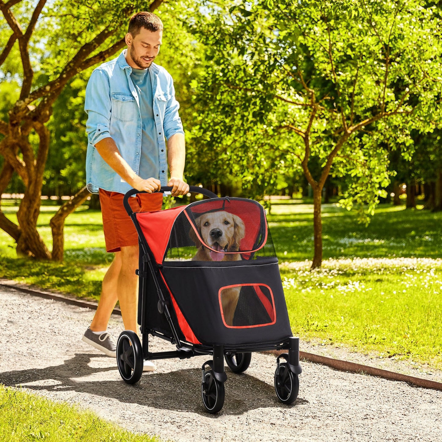 PawHut Pet Stroller w/ Universal Front Wheels, Shock Absorber, One Click Foldable Dog Cat Carriage w/ Brakes, Storage Bags, Mesh Window, Safety Leash, for Large and Medium Dogs - Red - Baig Merchant