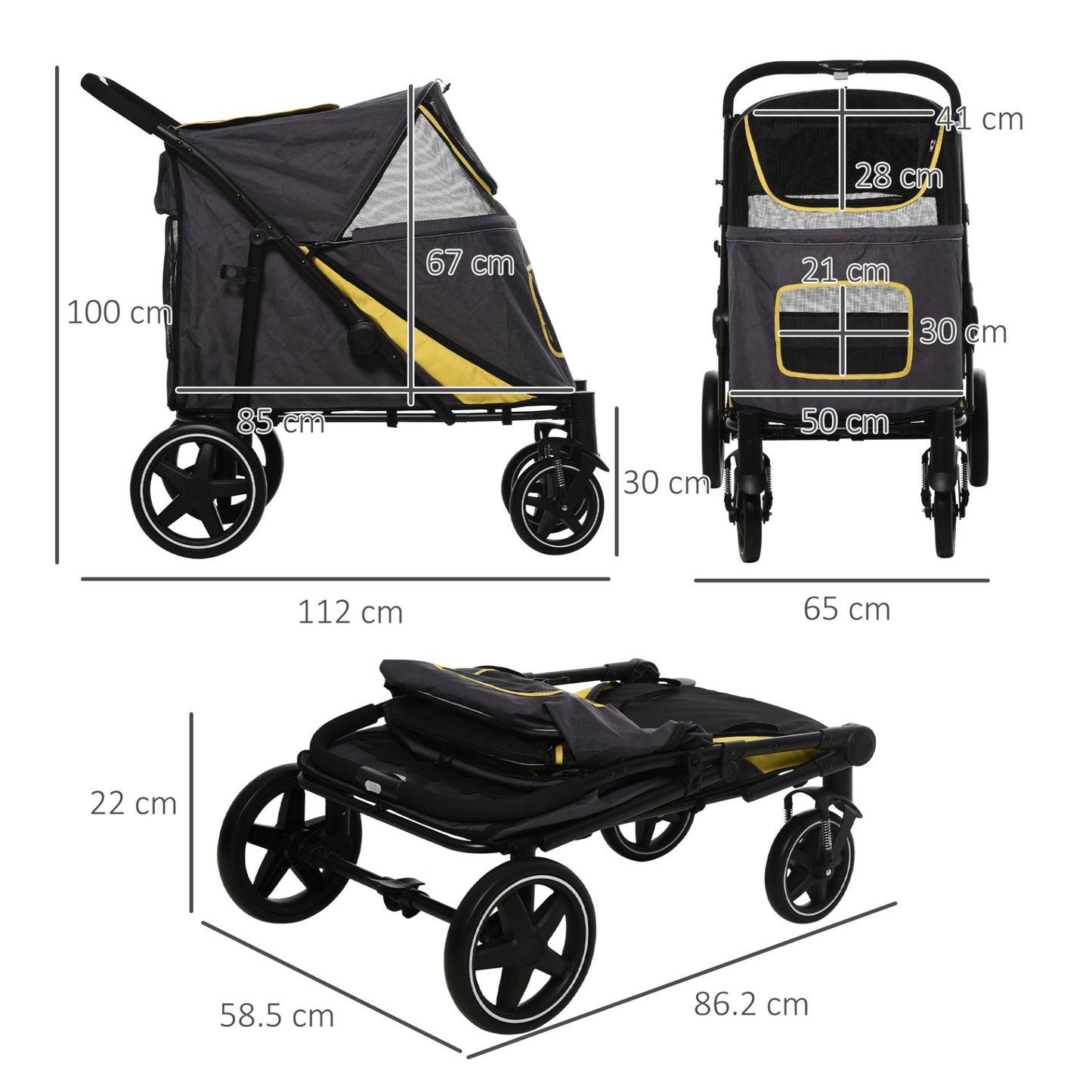 PawHut Pet Stroller w/ Universal Front Wheels, Shock Absorber, One Click Foldable Dog Cat Carriage w/ Brakes, Storage Bags, Mesh Window, Safety Leash, for Large and Medium Dogs - Grey - Baig Merchant