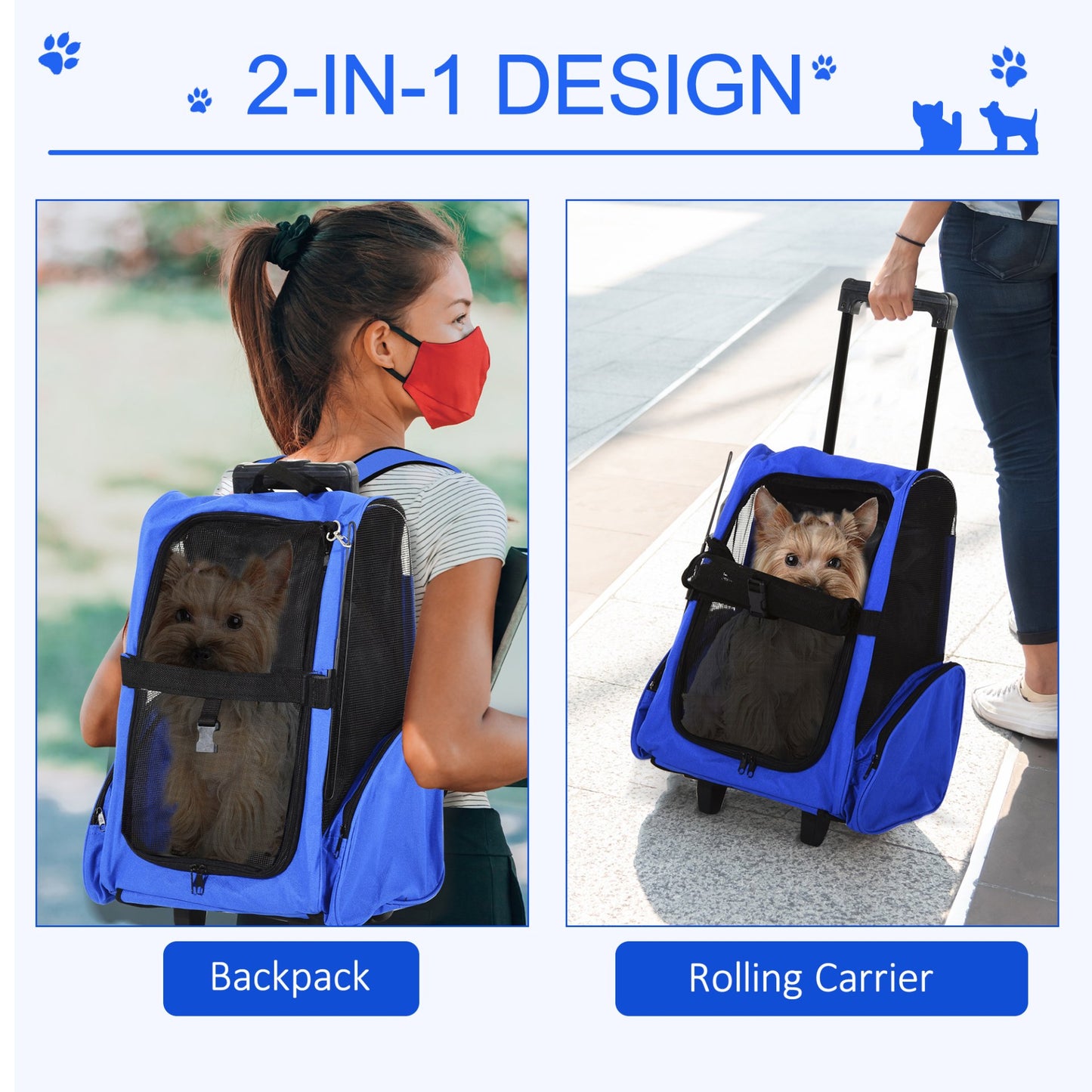 PawHut Pet Travel Backpack Bag Cat Puppy Dog Carrier w/ Trolley and Telescopic Handle Portable Stroller Wheel Luggage Bag (Blue) - Baig Merchant