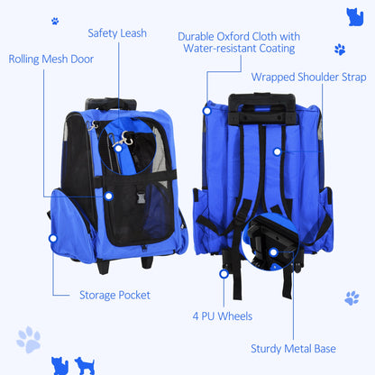 PawHut Pet Travel Backpack Bag Cat Puppy Dog Carrier w/ Trolley and Telescopic Handle Portable Stroller Wheel Luggage Bag (Blue) - Baig Merchant