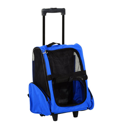 PawHut Pet Travel Backpack Bag Cat Puppy Dog Carrier w/ Trolley and Telescopic Handle Portable Stroller Wheel Luggage Bag (Blue) - Baig Merchant