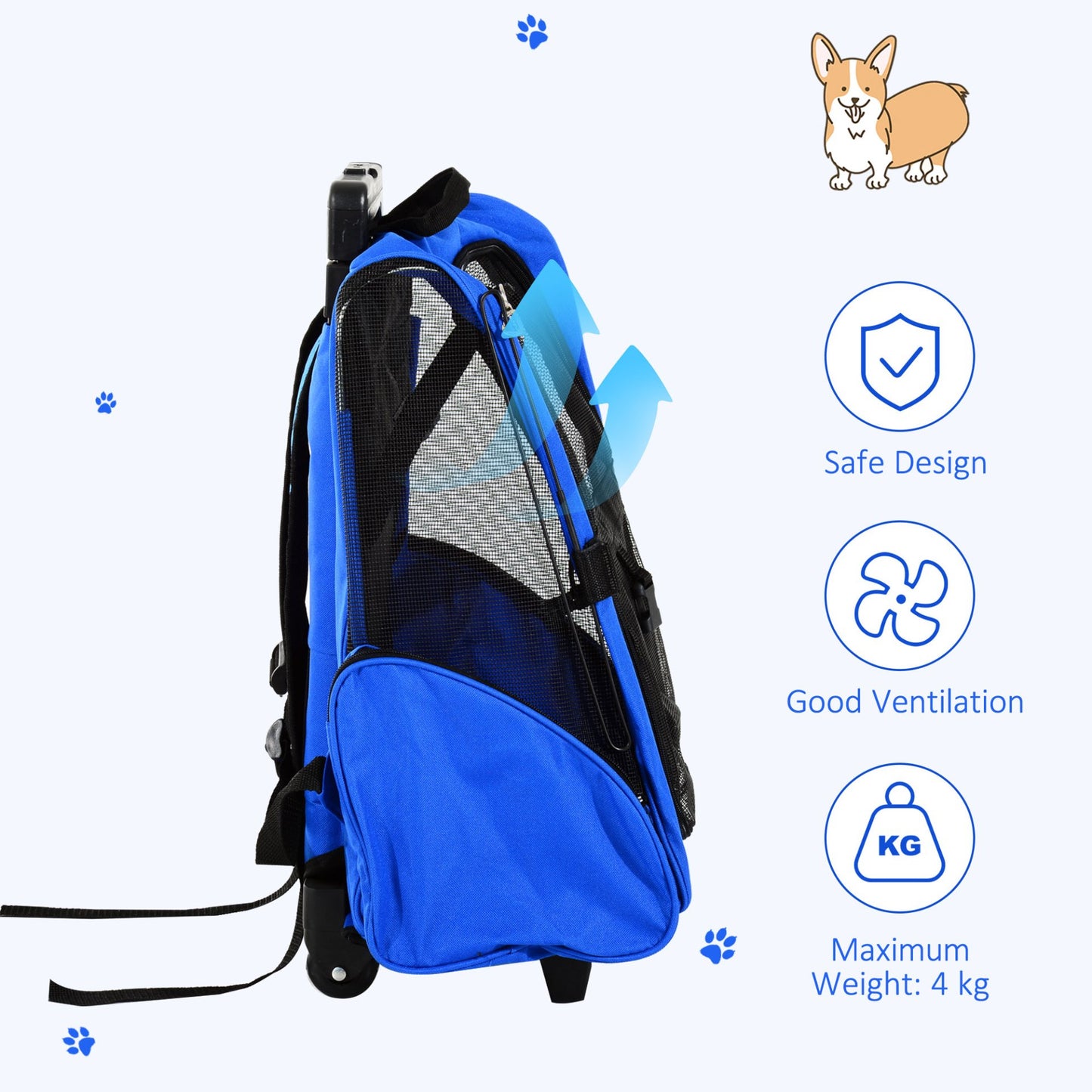 PawHut Pet Travel Backpack Bag Cat Puppy Dog Carrier w/ Trolley and Telescopic Handle Portable Stroller Wheel Luggage Bag (Blue) - Baig Merchant