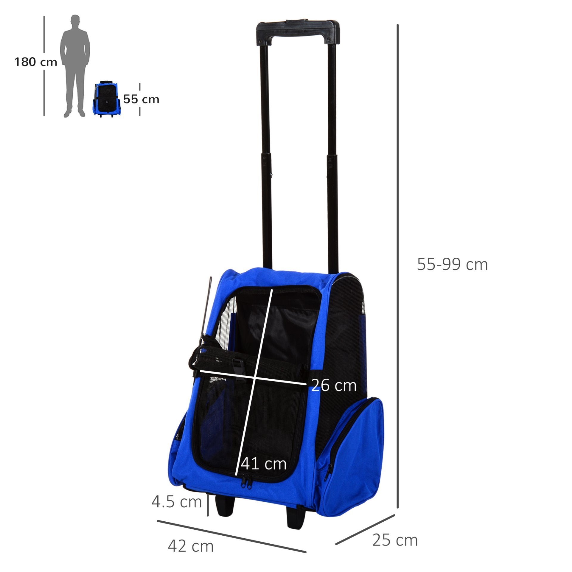 PawHut Pet Travel Backpack Bag Cat Puppy Dog Carrier w/ Trolley and Telescopic Handle Portable Stroller Wheel Luggage Bag (Blue) - Baig Merchant