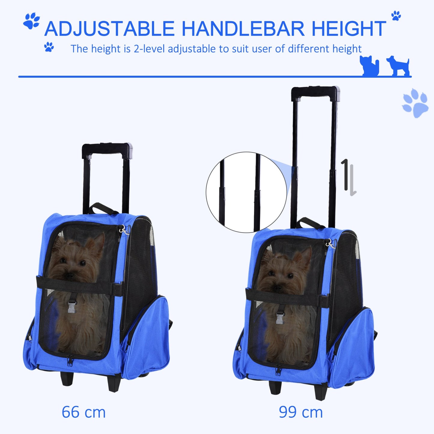 PawHut Pet Travel Backpack Bag Cat Puppy Dog Carrier w/ Trolley and Telescopic Handle Portable Stroller Wheel Luggage Bag (Blue) - Baig Merchant