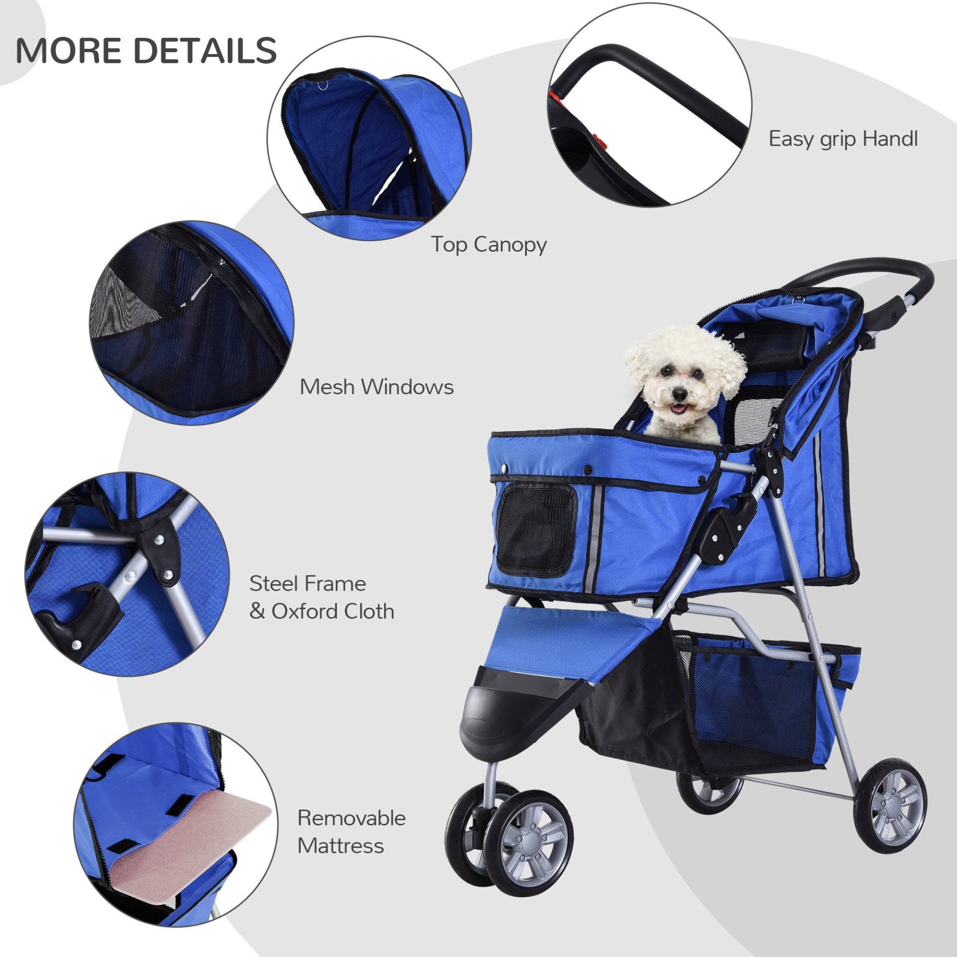 PawHut Pet Travel Stroller Cat Dog Pushchair Trolley Puppy Jogger Carrier Three Wheels for Small Miniature Dogs(Blue) - Baig Merchant