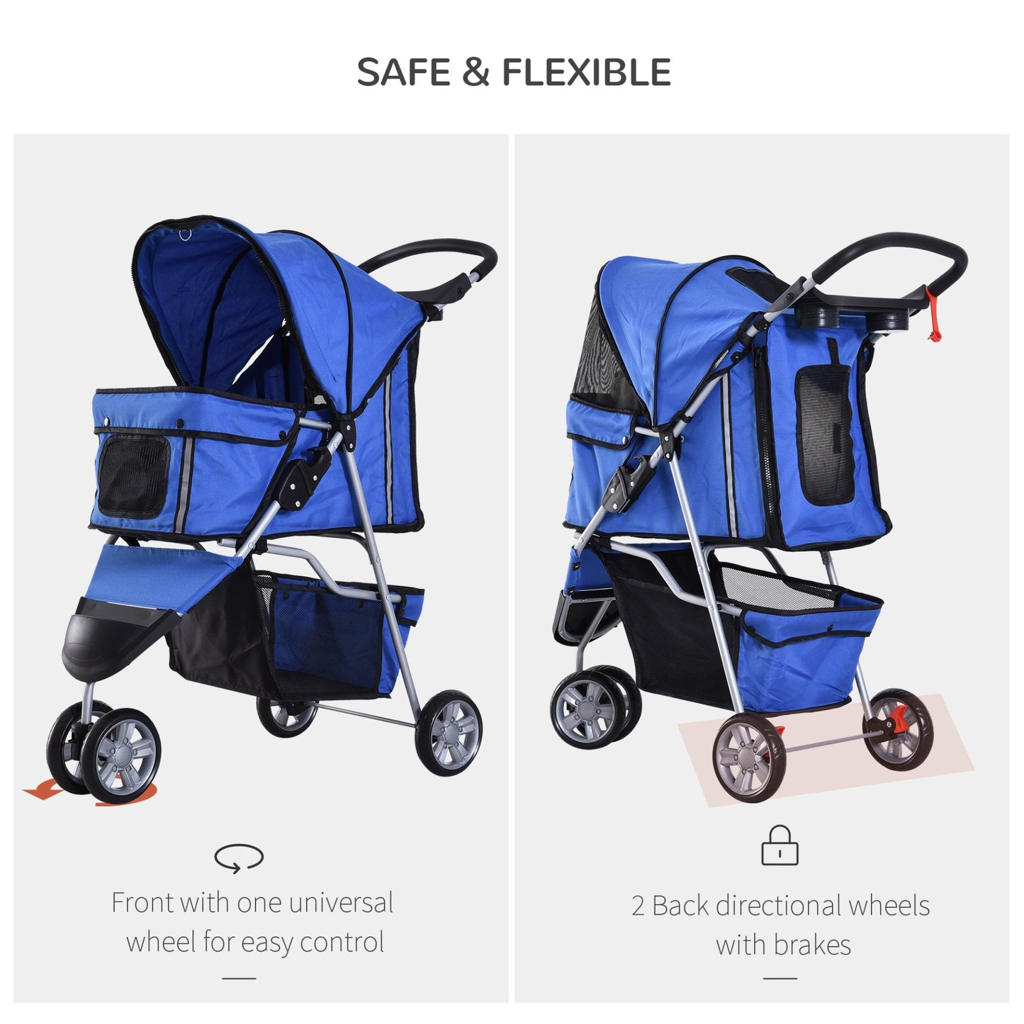 PawHut Pet Travel Stroller Cat Dog Pushchair Trolley Puppy Jogger Carrier Three Wheels for Small Miniature Dogs(Blue) - Baig Merchant