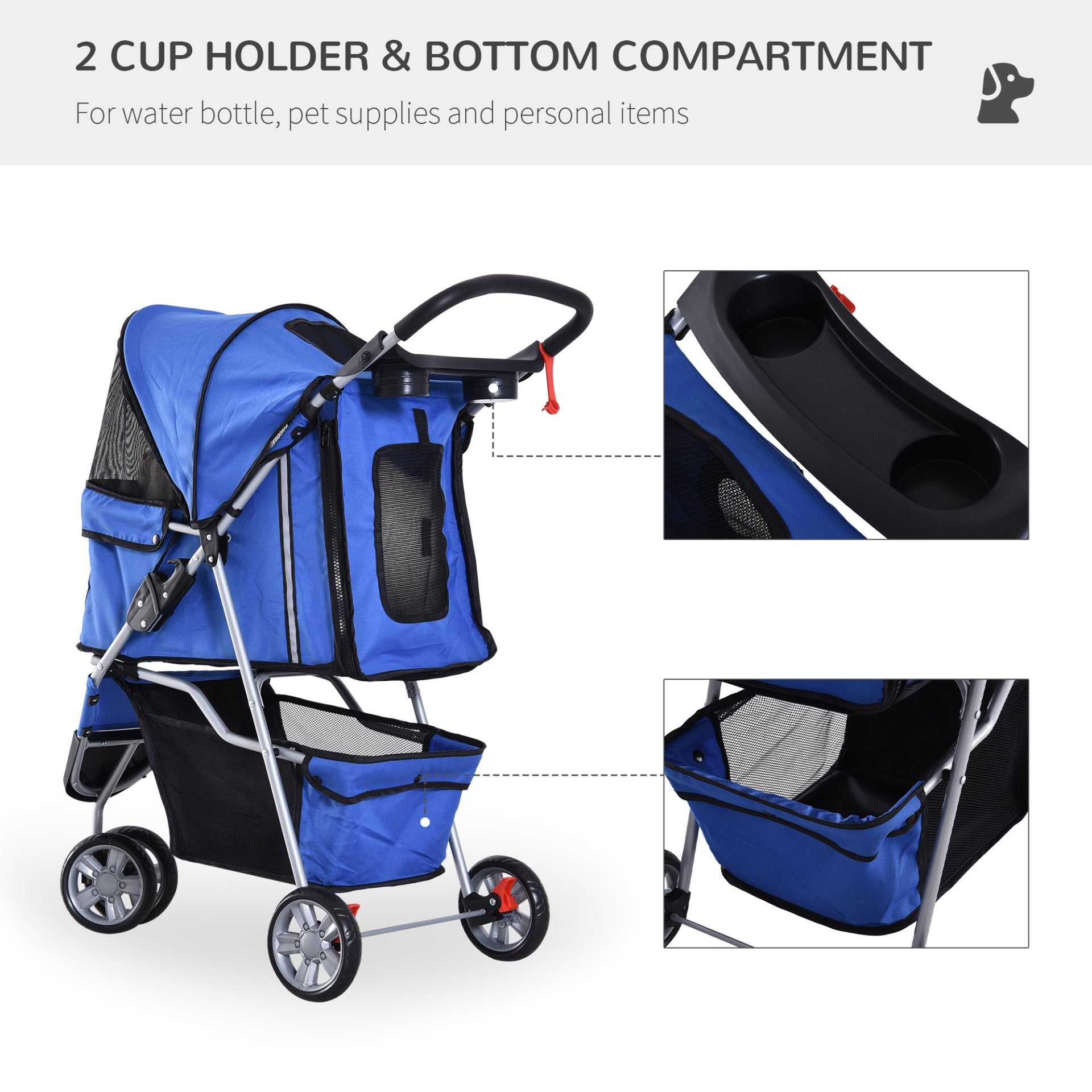 PawHut Pet Travel Stroller Cat Dog Pushchair Trolley Puppy Jogger Carrier Three Wheels for Small Miniature Dogs(Blue) - Baig Merchant