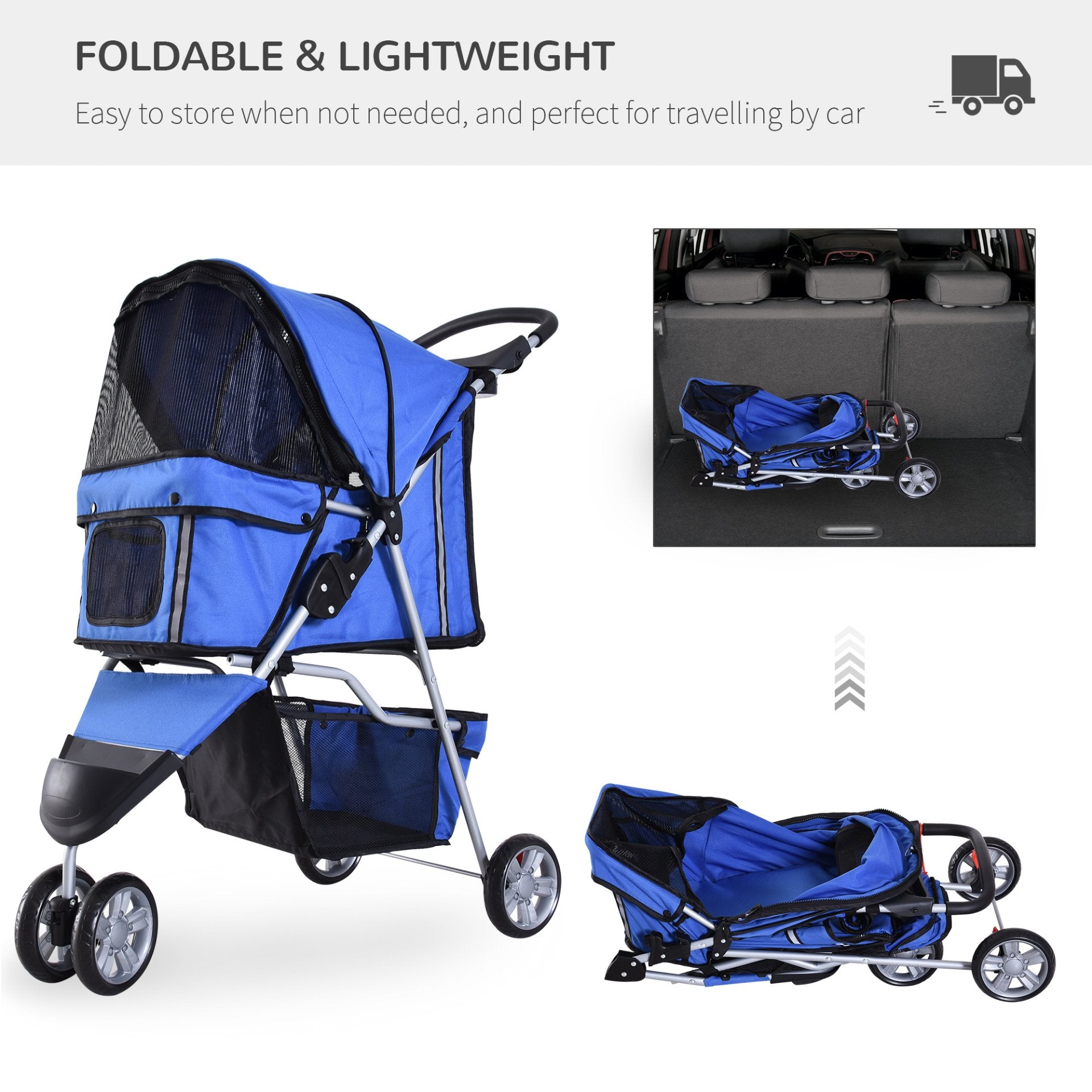 PawHut Pet Travel Stroller Cat Dog Pushchair Trolley Puppy Jogger Carrier Three Wheels for Small Miniature Dogs(Blue) - Baig Merchant