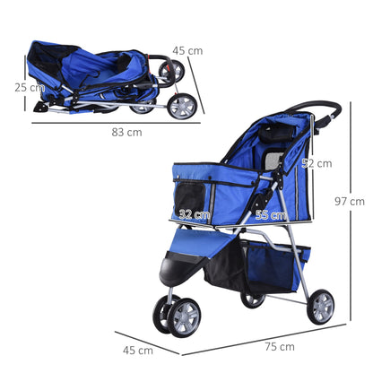 PawHut Pet Travel Stroller Cat Dog Pushchair Trolley Puppy Jogger Carrier Three Wheels for Small Miniature Dogs(Blue) - Baig Merchant