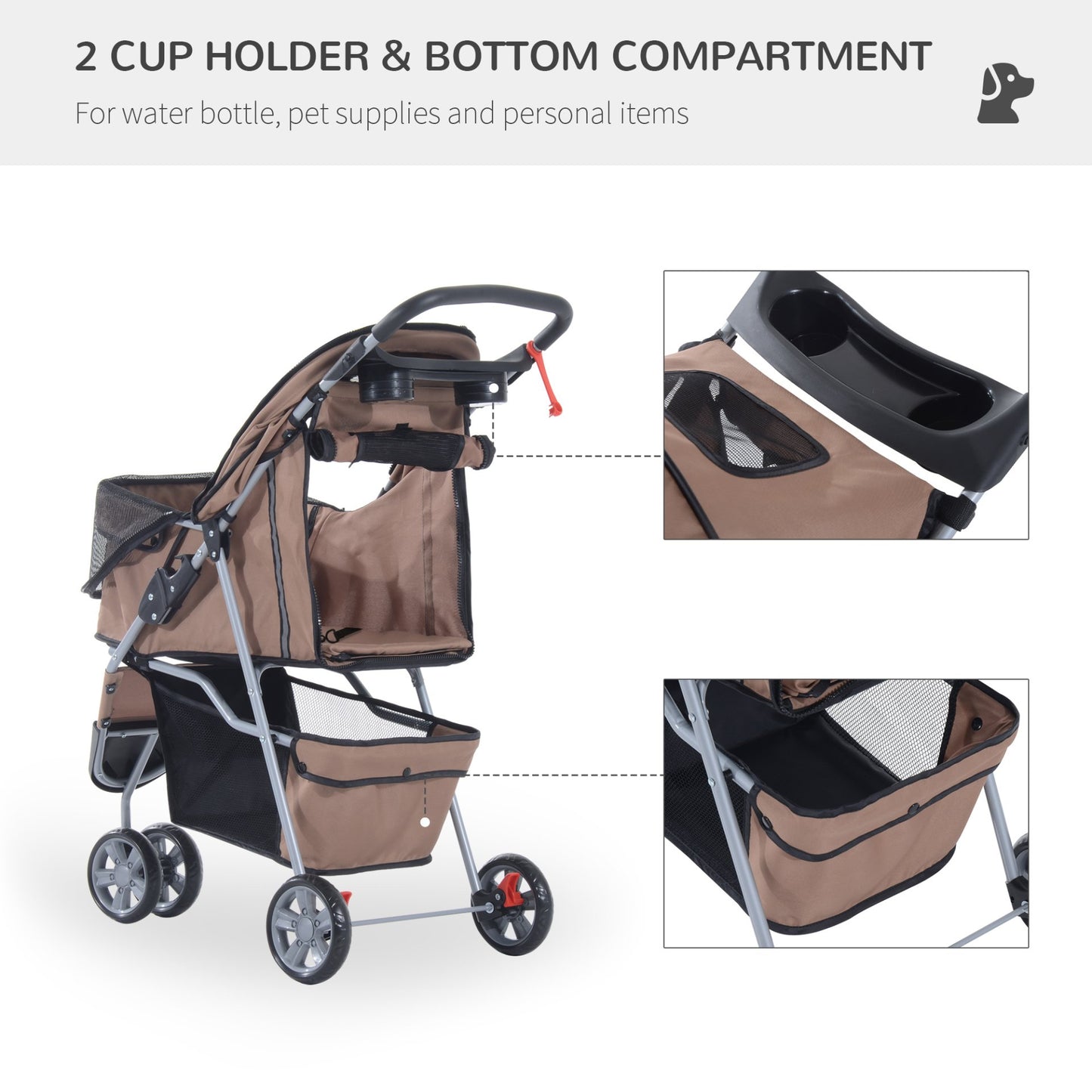 PawHut Pet Travel Stroller Cat Dog Pushchair Trolley Puppy Jogger Carrier Three Wheels for Small Miniature Dogs(Coffee) - Baig Merchant