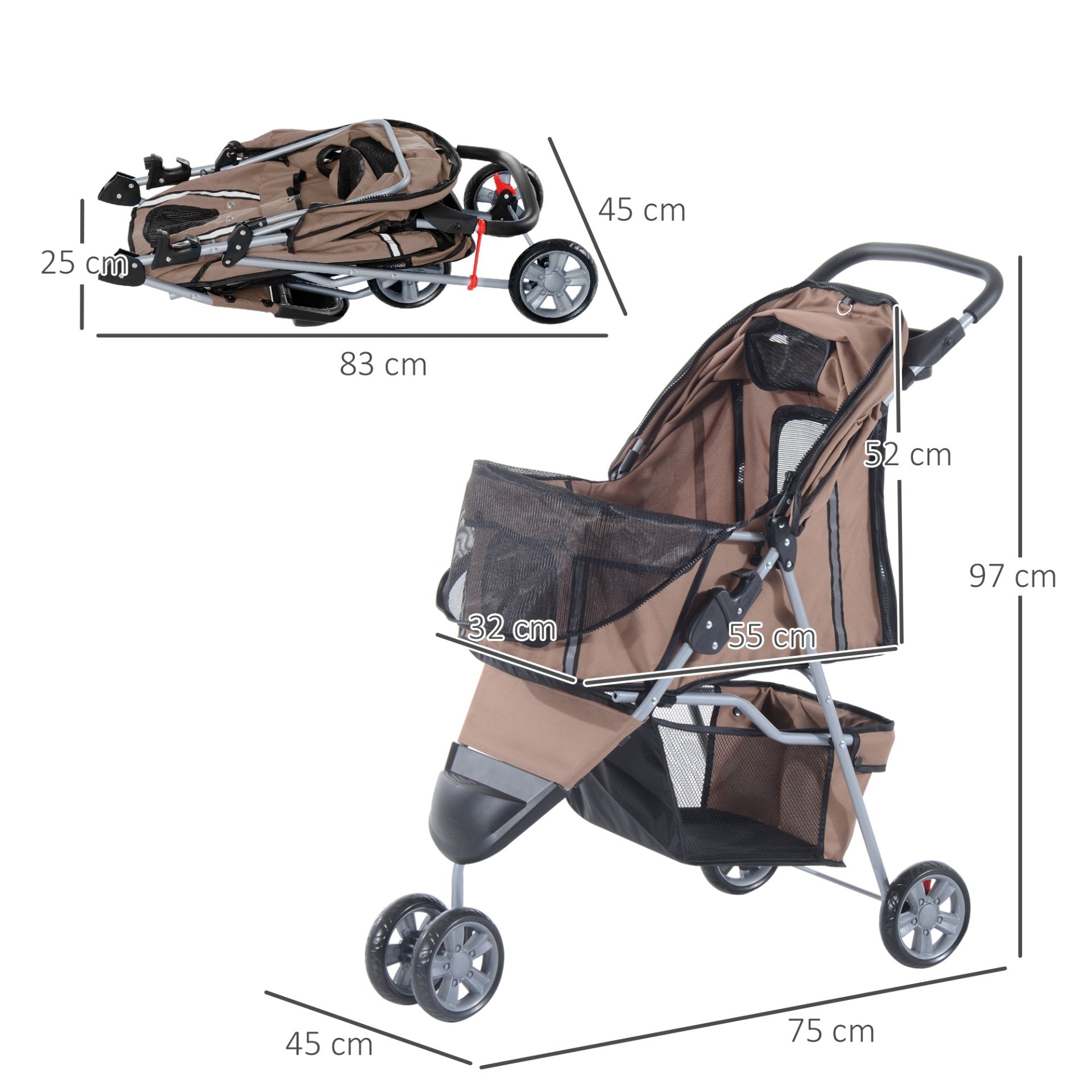 PawHut Pet Travel Stroller Cat Dog Pushchair Trolley Puppy Jogger Carrier Three Wheels for Small Miniature Dogs(Coffee) - Baig Merchant