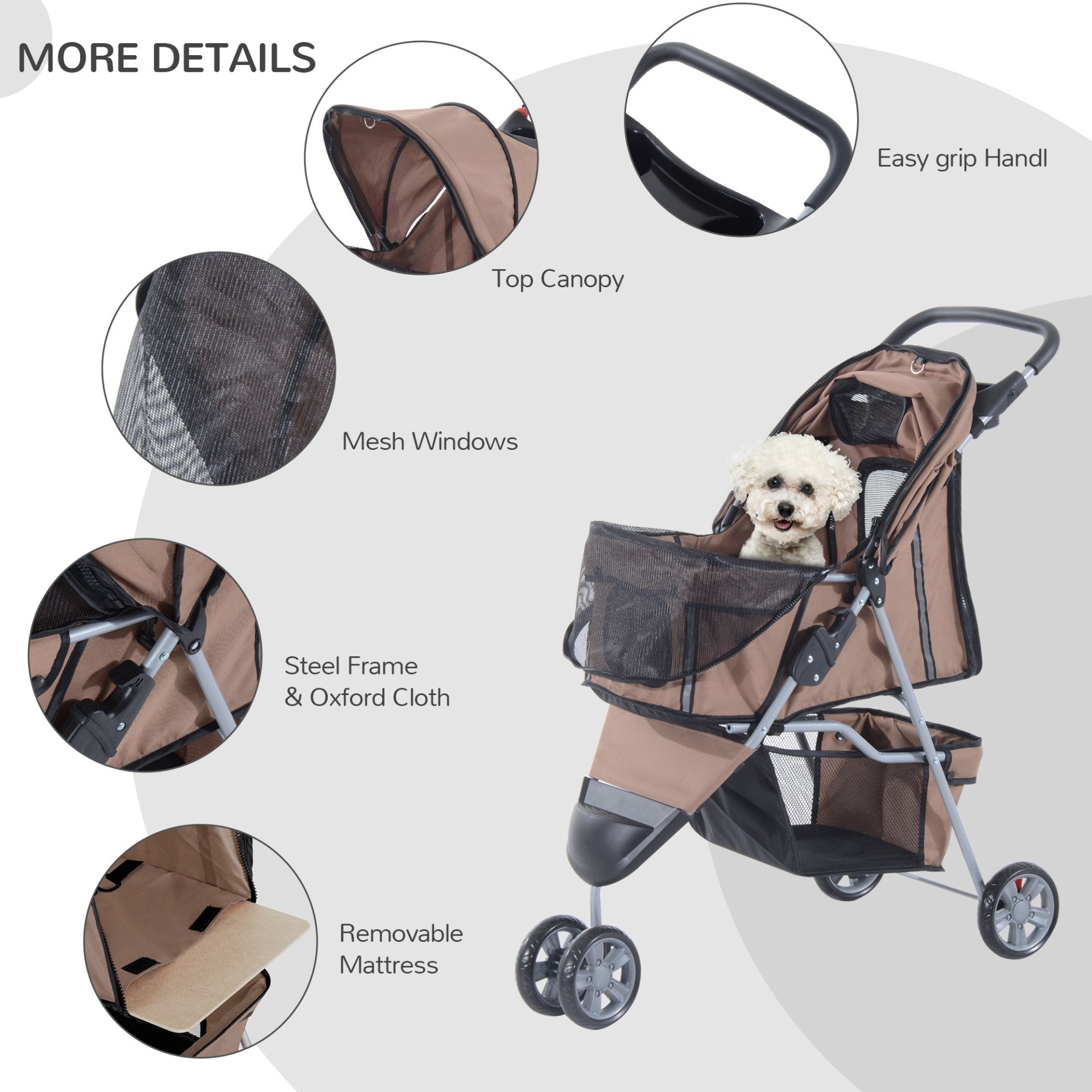 PawHut Pet Travel Stroller Cat Dog Pushchair Trolley Puppy Jogger Carrier Three Wheels for Small Miniature Dogs(Coffee) - Baig Merchant