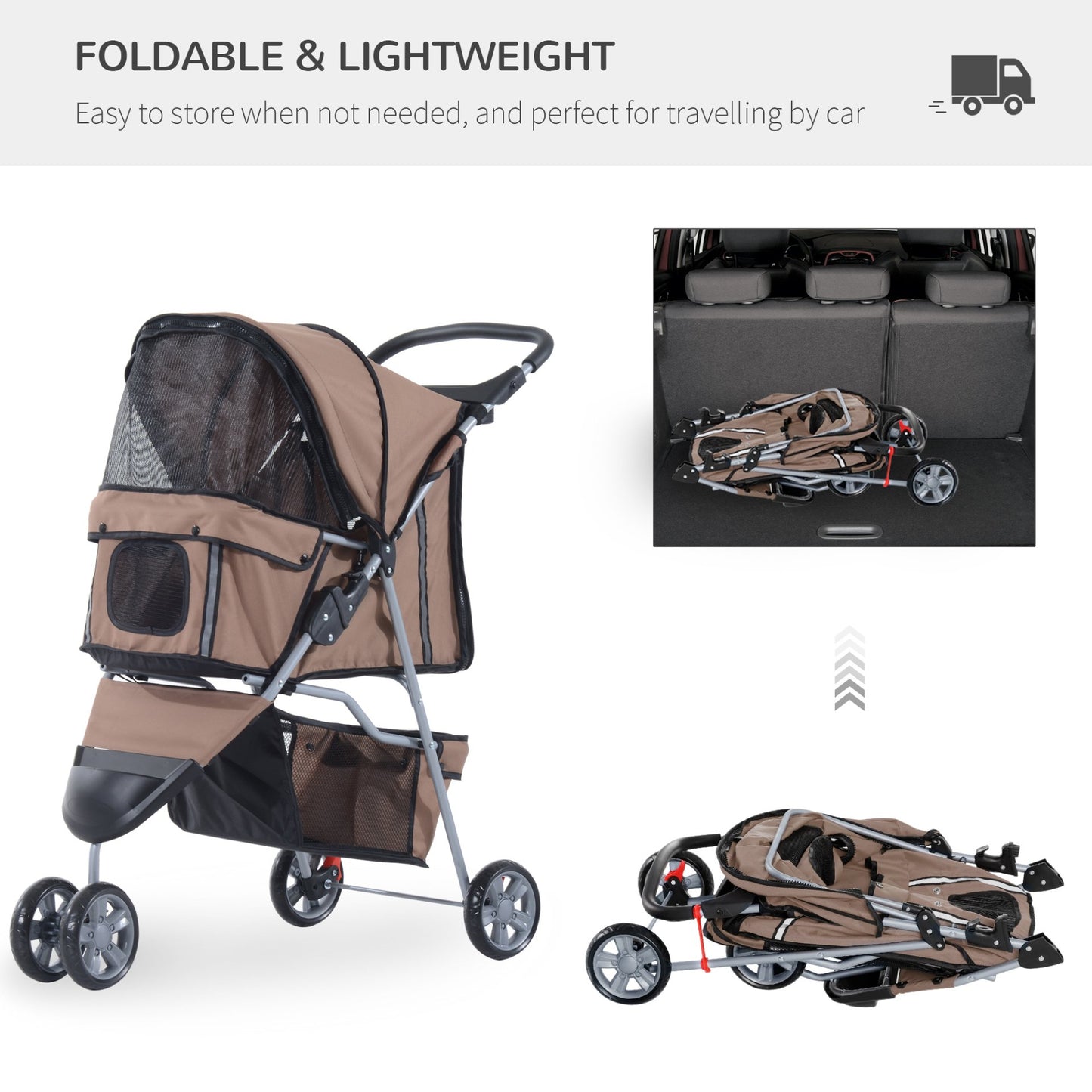 PawHut Pet Travel Stroller Cat Dog Pushchair Trolley Puppy Jogger Carrier Three Wheels for Small Miniature Dogs(Coffee) - Baig Merchant