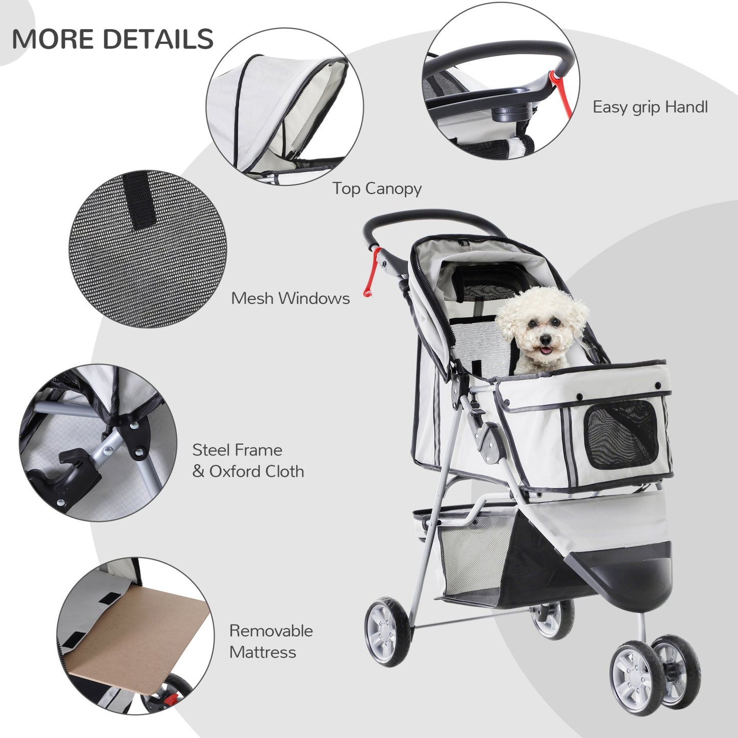 PawHut Pet Travel Stroller Cat Dog Pushchair Trolley Puppy Jogger Carrier Three Wheels for Small Miniature Dogs(Grey) - Baig Merchant