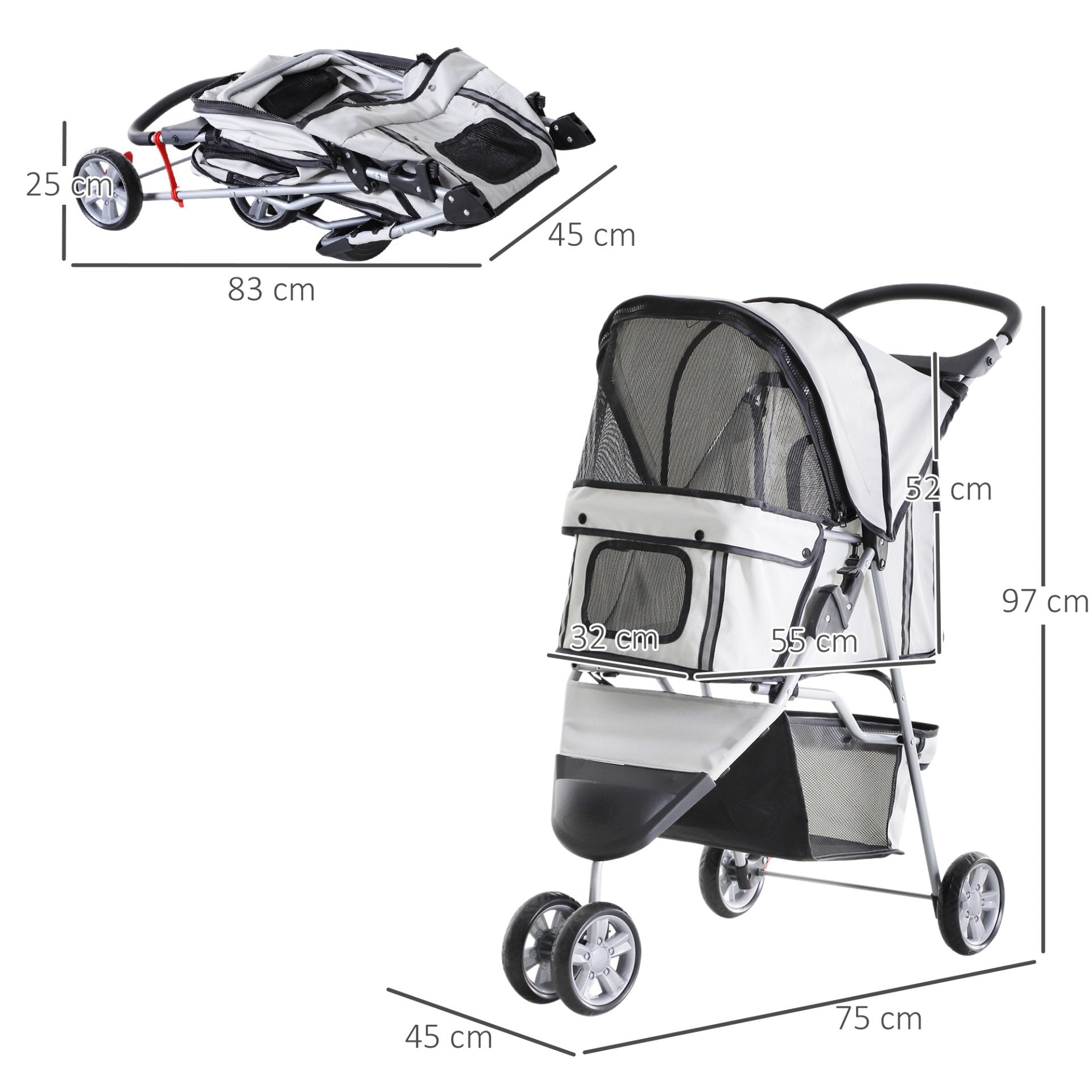 PawHut Pet Travel Stroller Cat Dog Pushchair Trolley Puppy Jogger Carrier Three Wheels for Small Miniature Dogs(Grey) - Baig Merchant