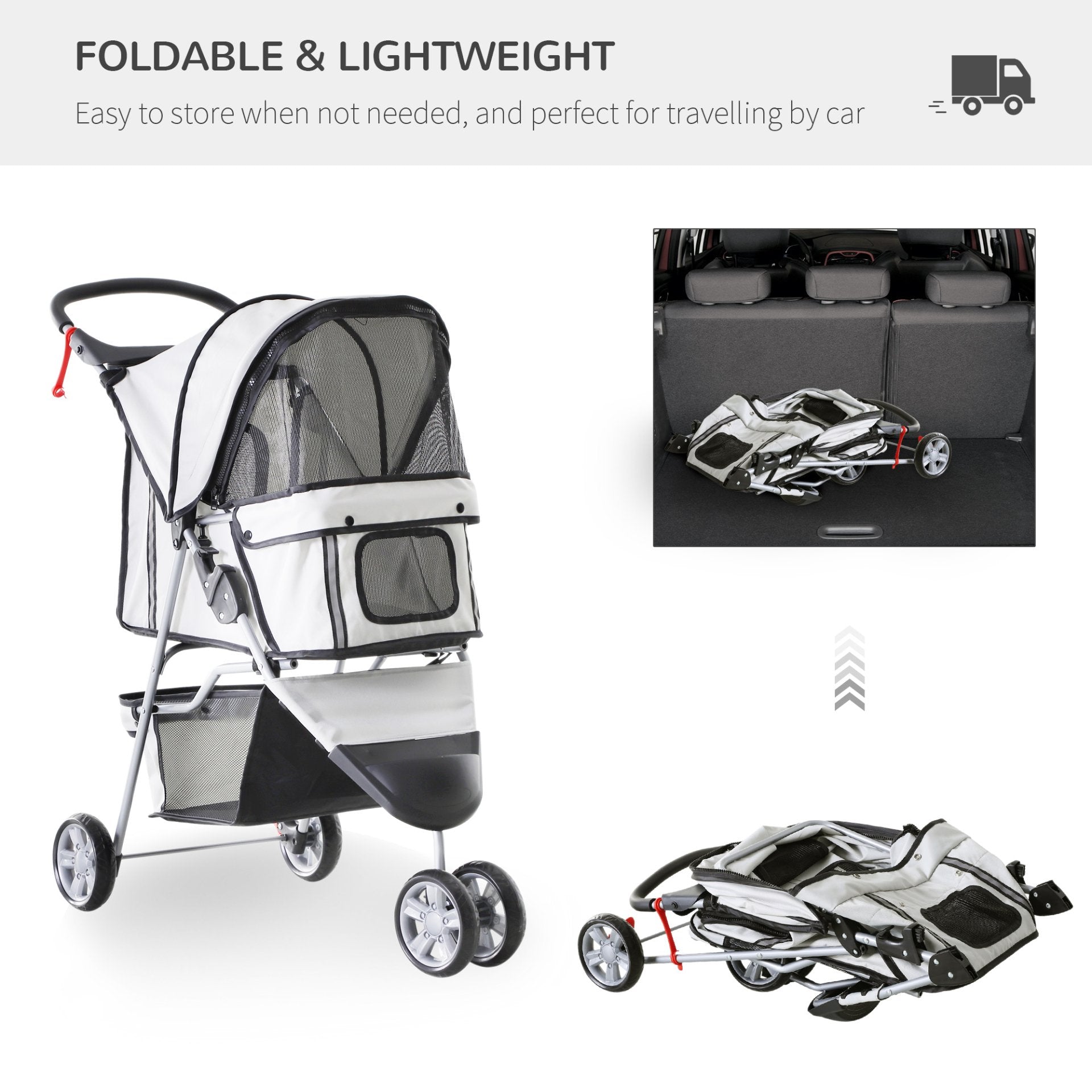 PawHut Pet Travel Stroller Cat Dog Pushchair Trolley Puppy Jogger Carrier Three Wheels for Small Miniature Dogs(Grey) - Baig Merchant