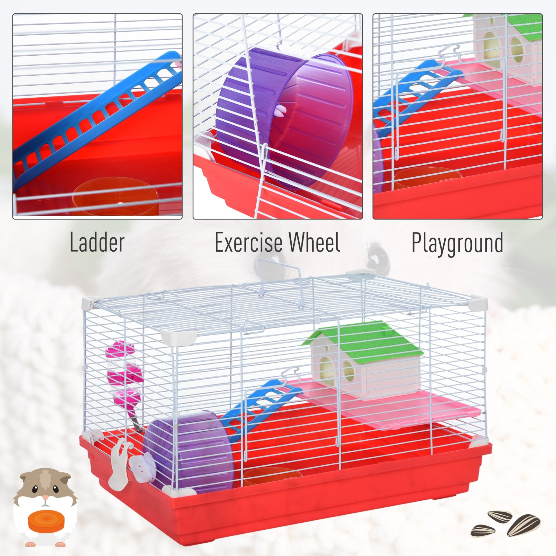 PawHut Portable 2 Storey Hamster Cage Small Pet Animal Cage Double Layers w/ Exercise Wheel Water Bottle Dishes - Baig Merchant