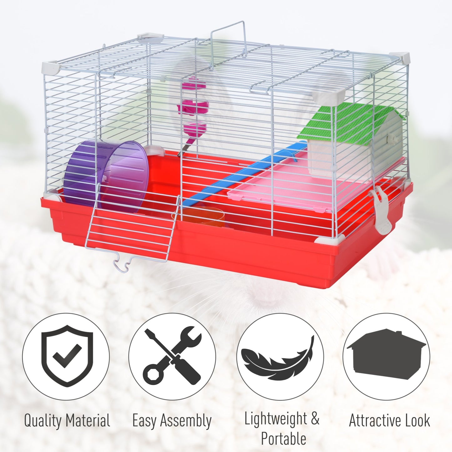 PawHut Portable 2 Storey Hamster Cage Small Pet Animal Cage Double Layers w/ Exercise Wheel Water Bottle Dishes - Baig Merchant