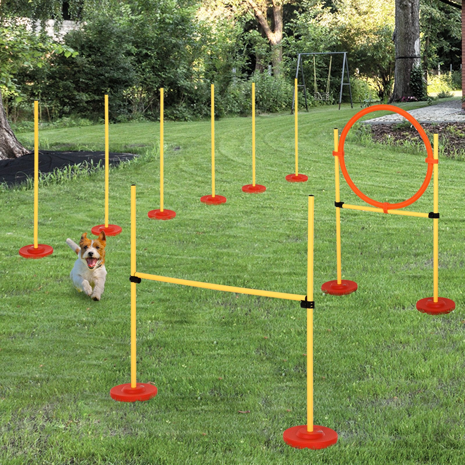 PawHut Portable Pet Agility Training Obstacle Set for Dogs w/ Adjustable High Jumping Pole, Jumping Ring, Turnstile poles - Baig Merchant