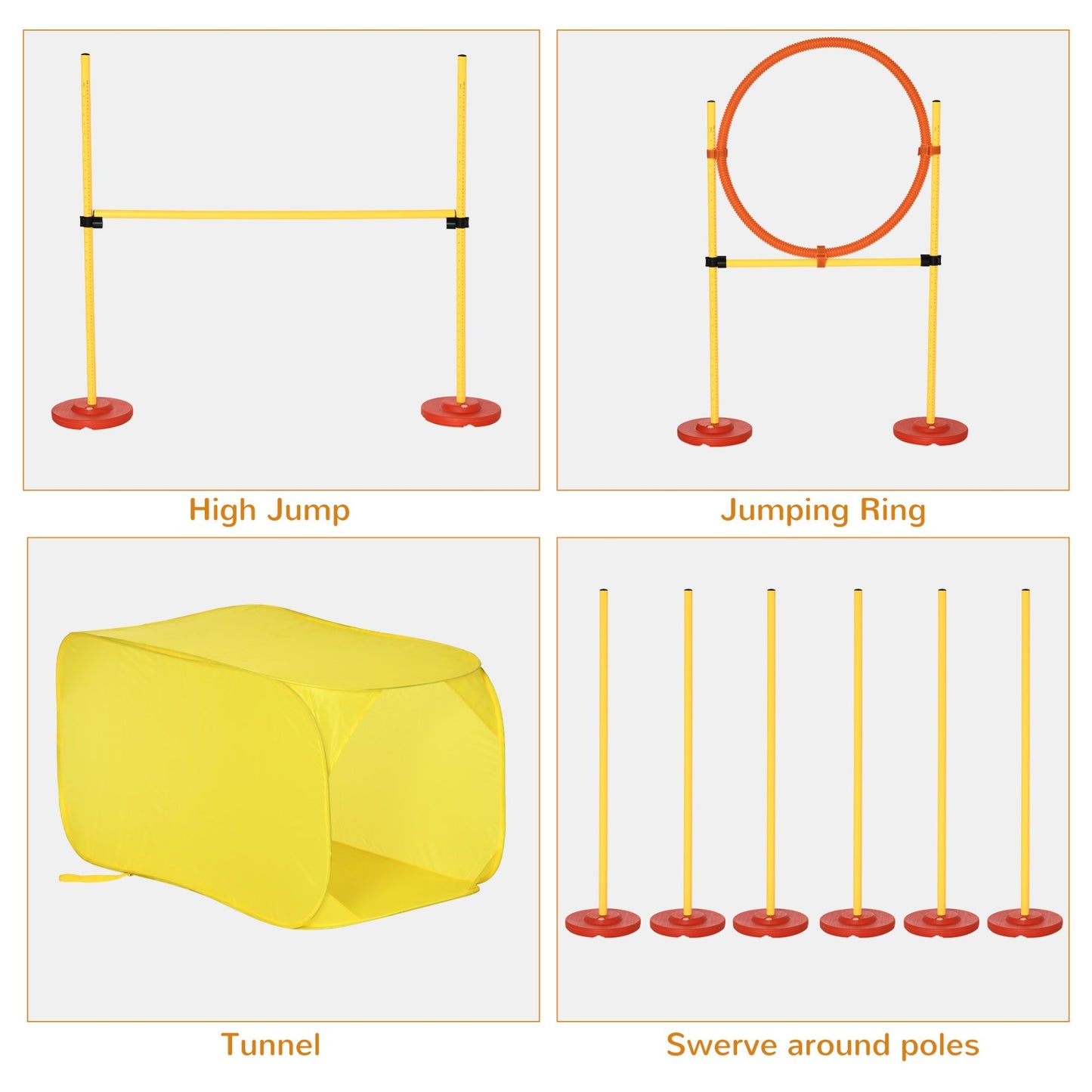 Pawhut Portable Pet Agility Training Obstacle Set for Dogs w/ Adjustable High Jumping Pole, Jumping Ring, Turnstile poles, Tunnel - Baig Merchant