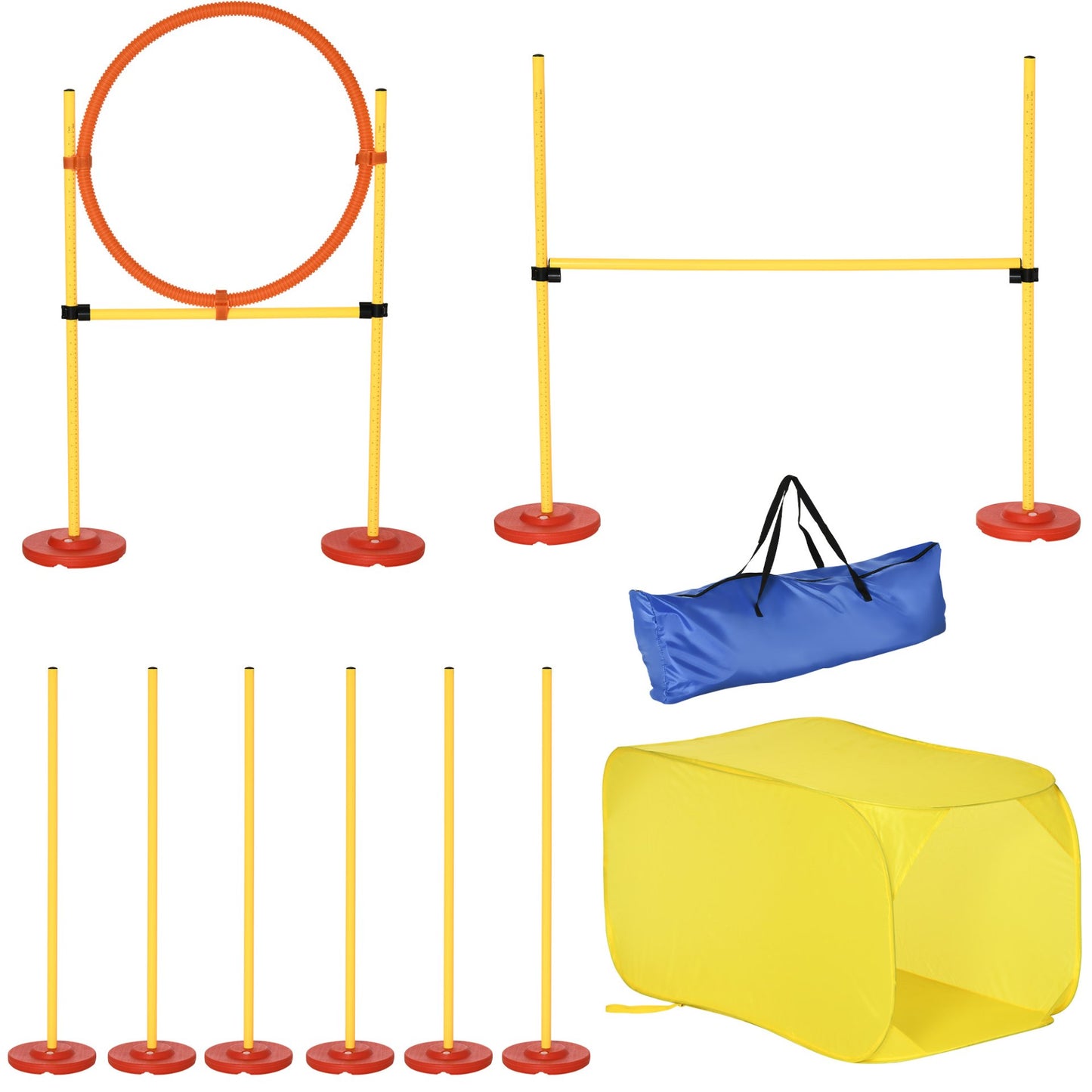 Pawhut Portable Pet Agility Training Obstacle Set for Dogs w/ Adjustable High Jumping Pole, Jumping Ring, Turnstile poles, Tunnel - Baig Merchant