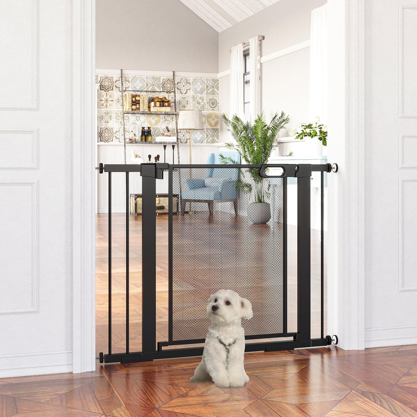 PawHut Pressure Fit Safety Gate for Doorways and Staircases, Dog Gate w/ Auto Closing Door, Pet Barrier for Hallways w/ Double Locking, Openings 75 - 103CM - Black - Baig Merchant