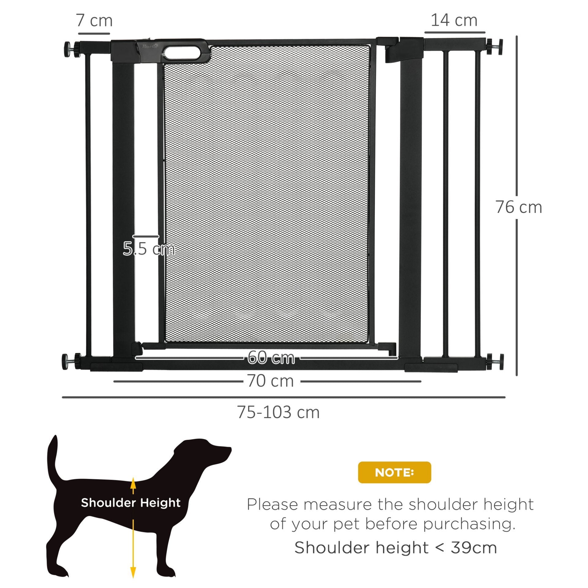 PawHut Pressure Fit Safety Gate for Doorways and Staircases, Dog Gate w/ Auto Closing Door, Pet Barrier for Hallways w/ Double Locking, Openings 75 - 103CM - Black - Baig Merchant