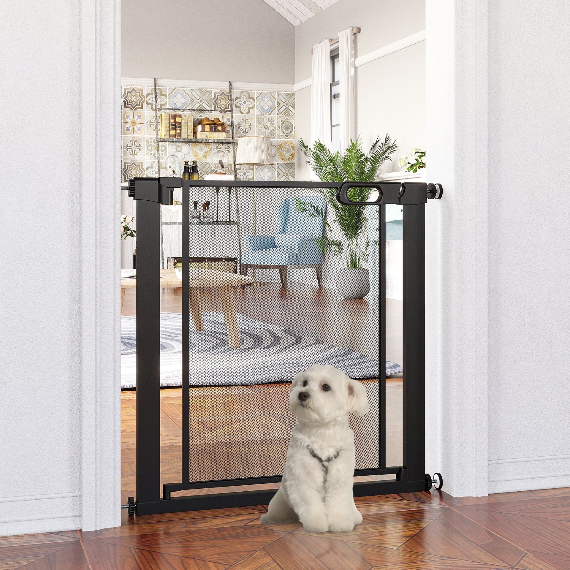 PawHut Pressure Fit Safety Gate for Doorways and Staircases, Dog Gate w/ Auto Closing Door, Pet Barrier for Hallways w/ Double Locking, Openings 75 - 82 cm - Black - Baig Merchant