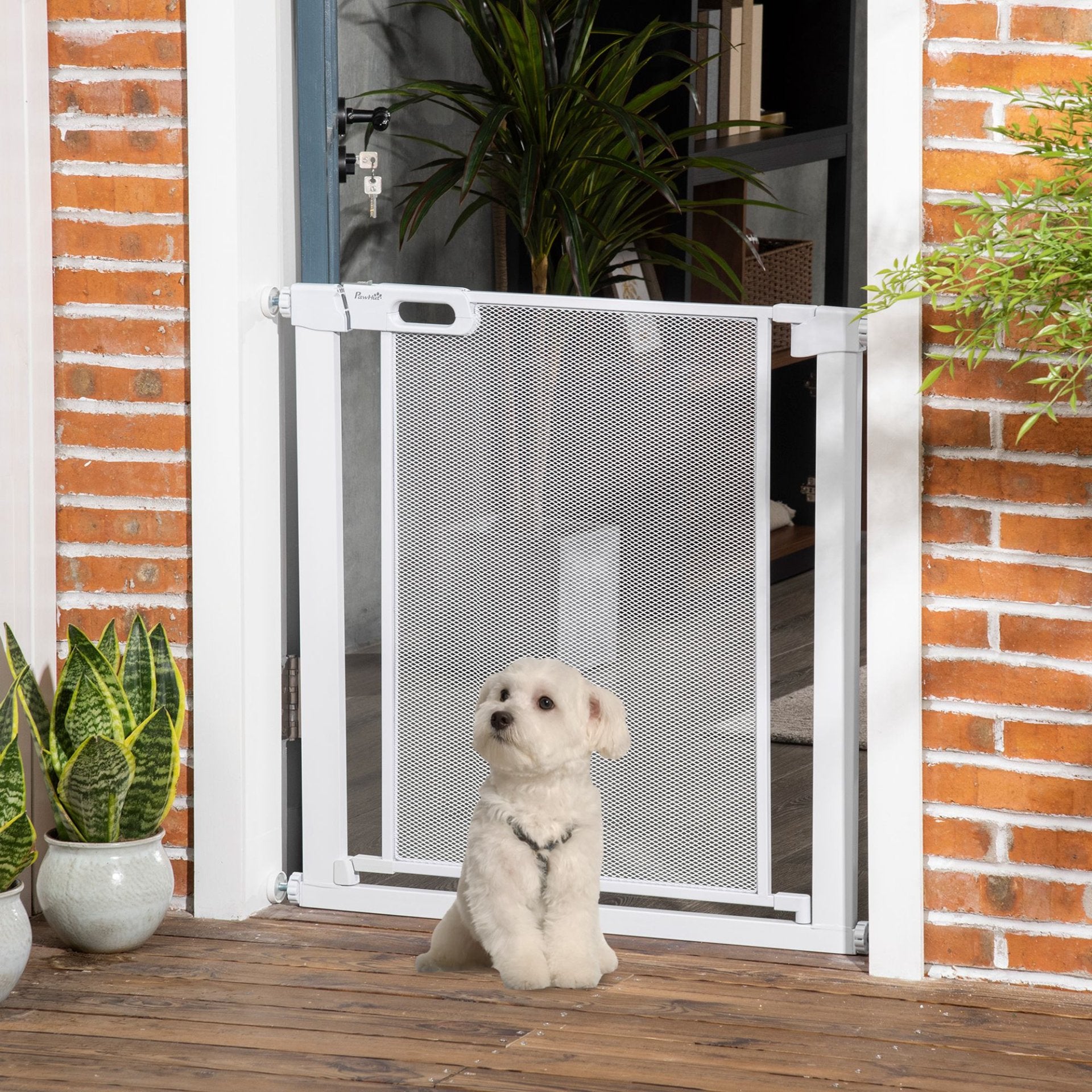 PawHut Pressure Fit Safety Gate for Doorways and Staircases, Dog Gate w/ Auto Closing Door, Pet Barrier for Hallways w/ Double Locking, Openings 75 - 82 cm - White - Baig Merchant