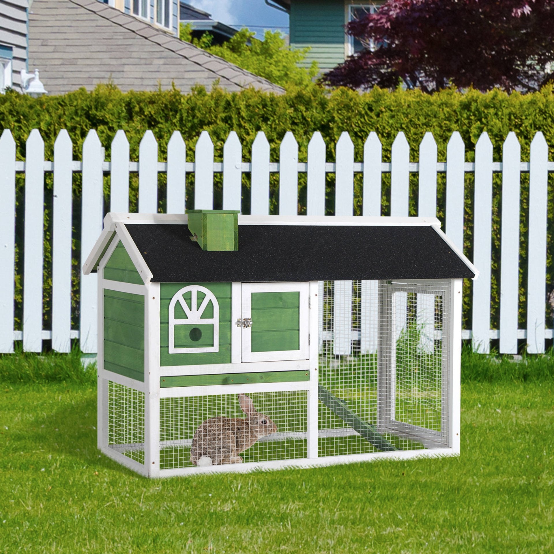 PawHut Rabbit Hutch and Run Guinea Pig Hutch Wooden Bunny Cage for Outdoor Indoor with Pull Out Tray Run Asphalt Roof Green 120 x 60 x 79 cm - Baig Merchant